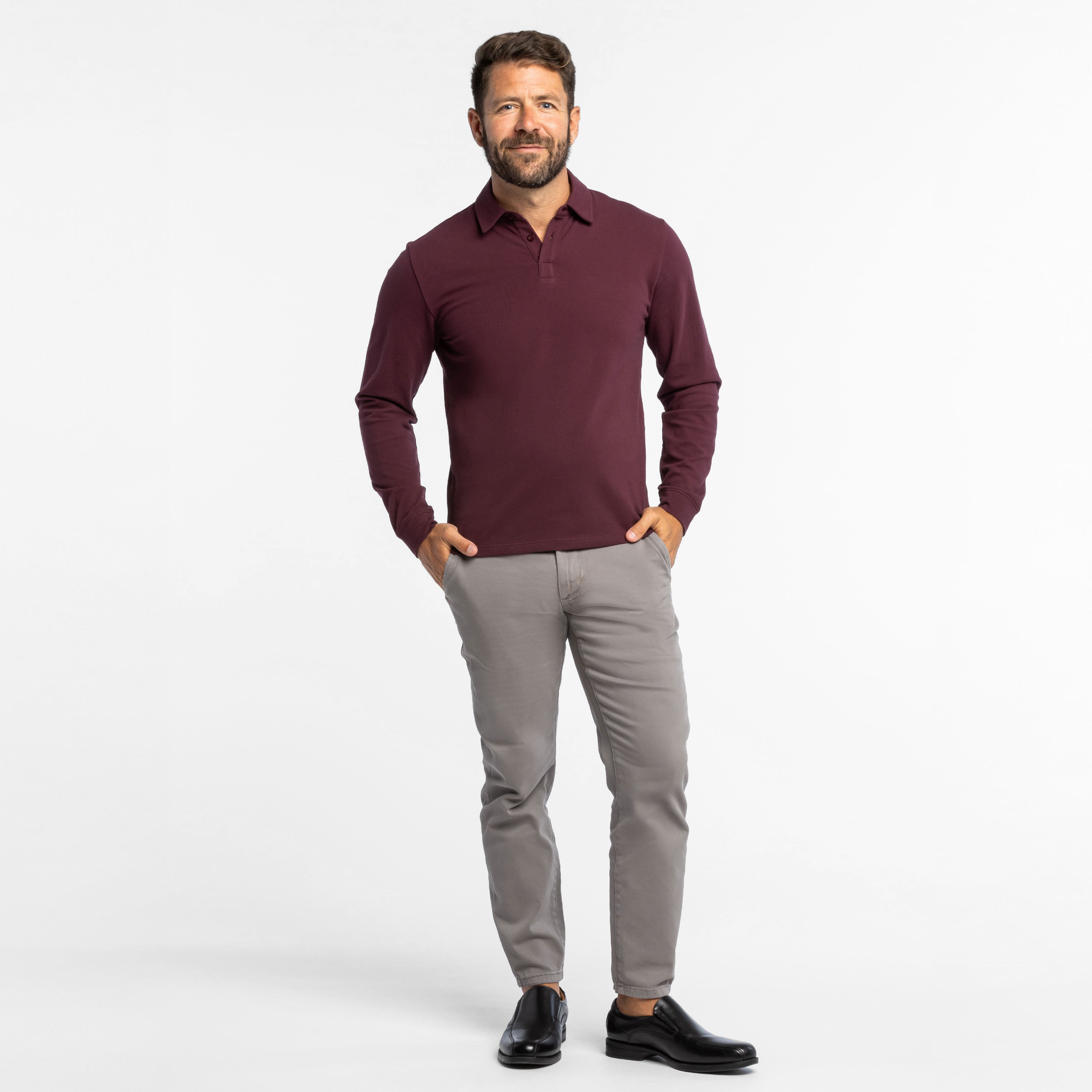 Burgundy Pique Long Sleeve Polo