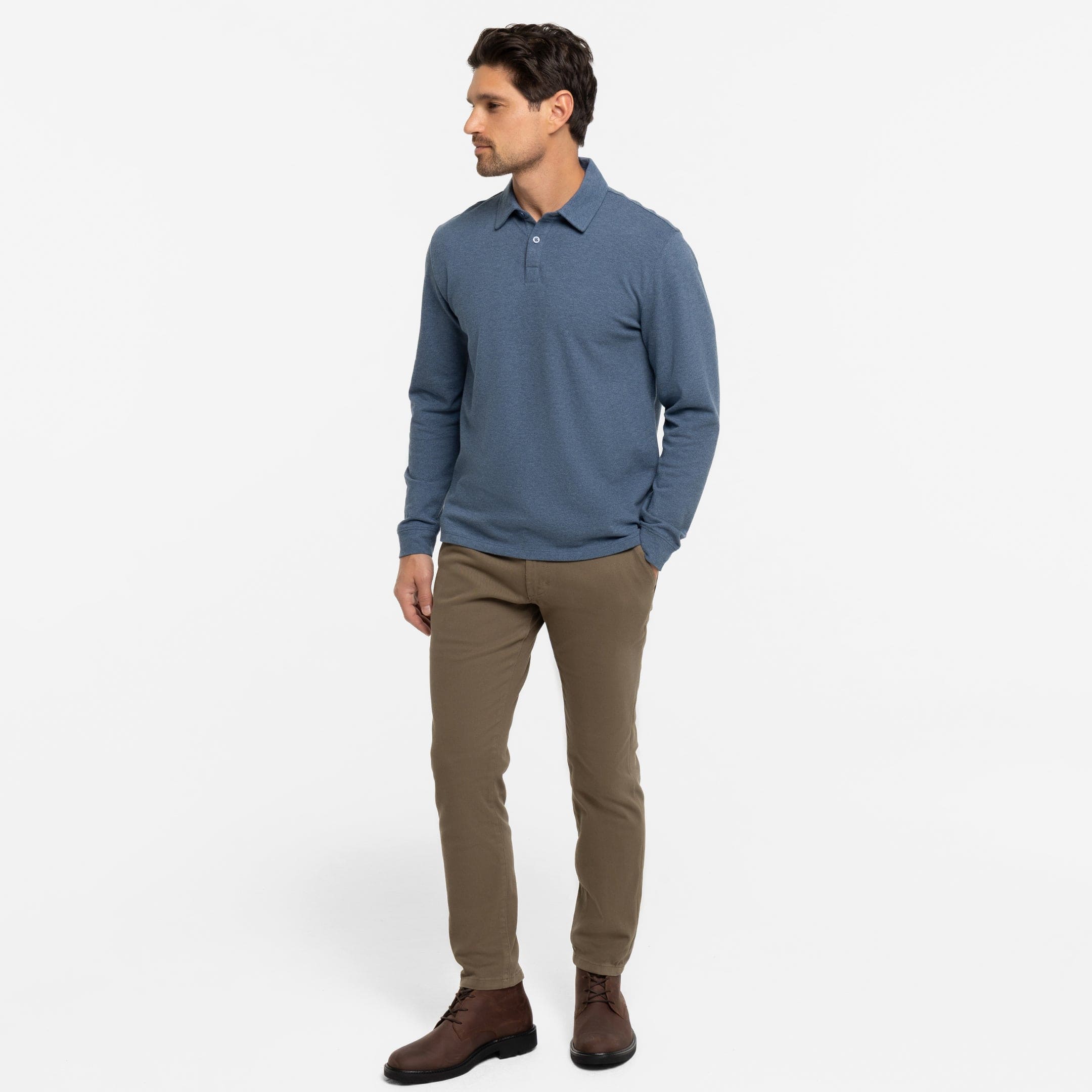 Heather Blue Pique Long Sleeve Polo