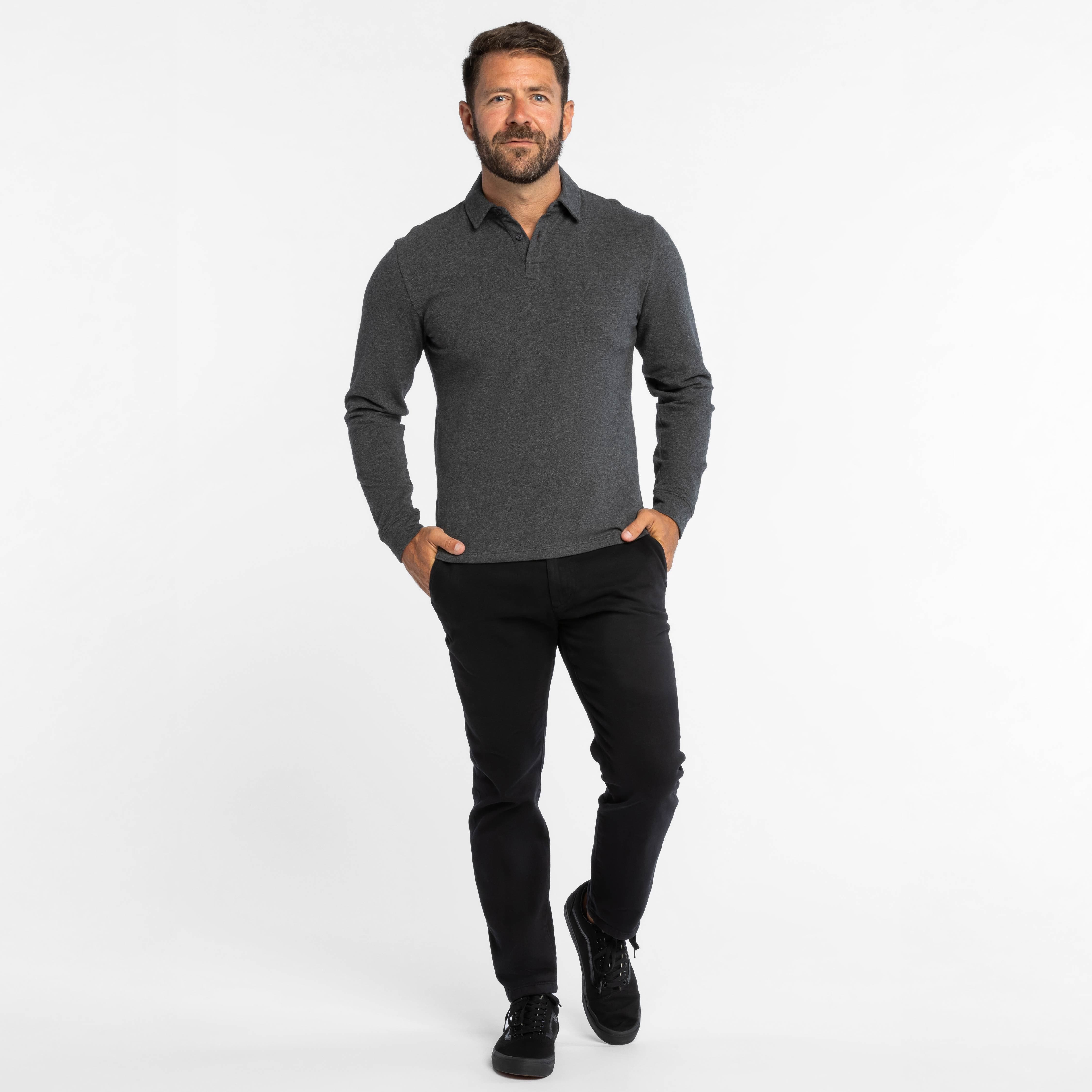 Heather Charcoal Pique Long Sleeve Polo