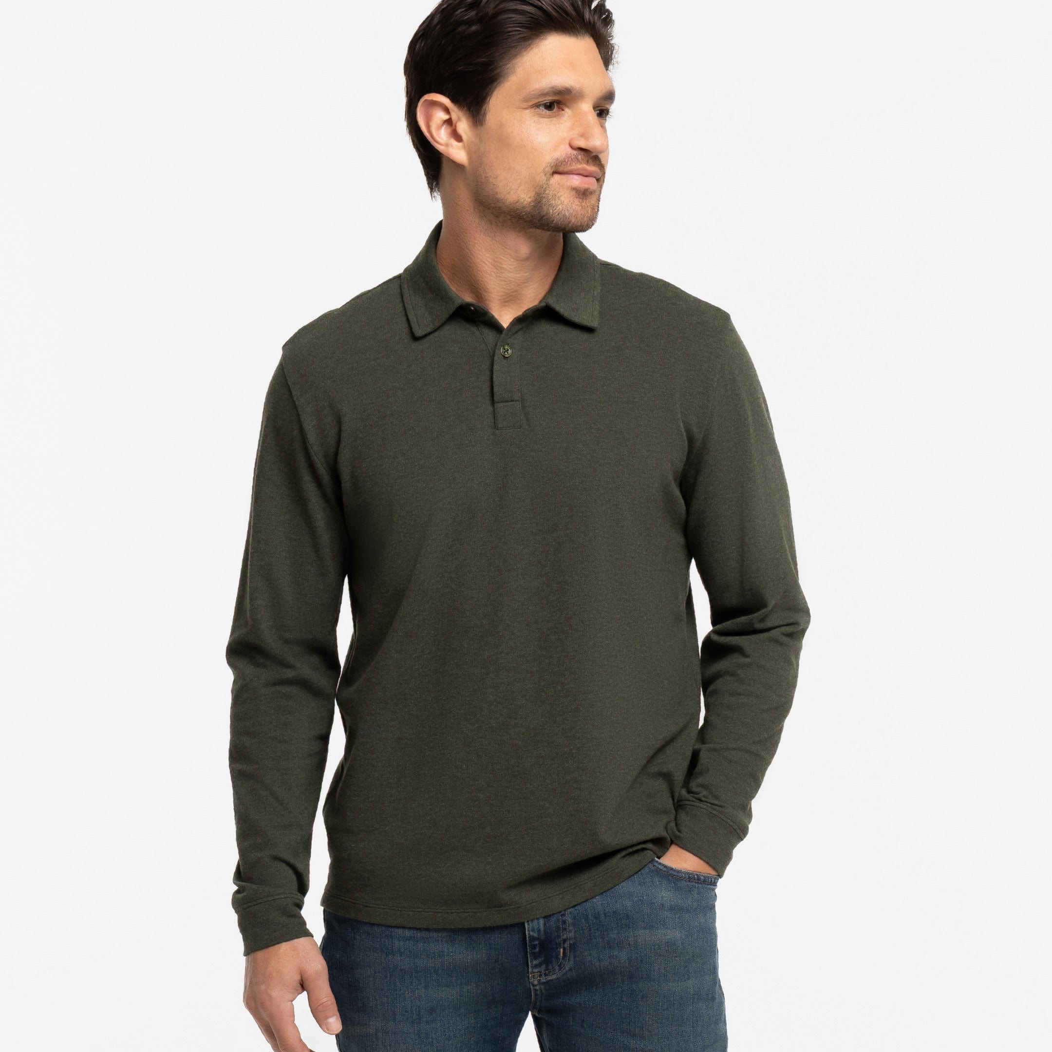 Heather Green Pique Long Sleeve Polo