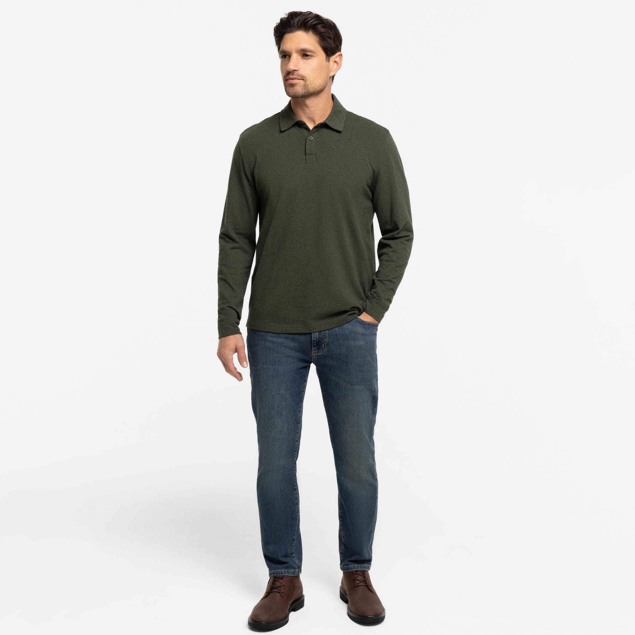 Heather Green Pique Long Sleeve Polo
