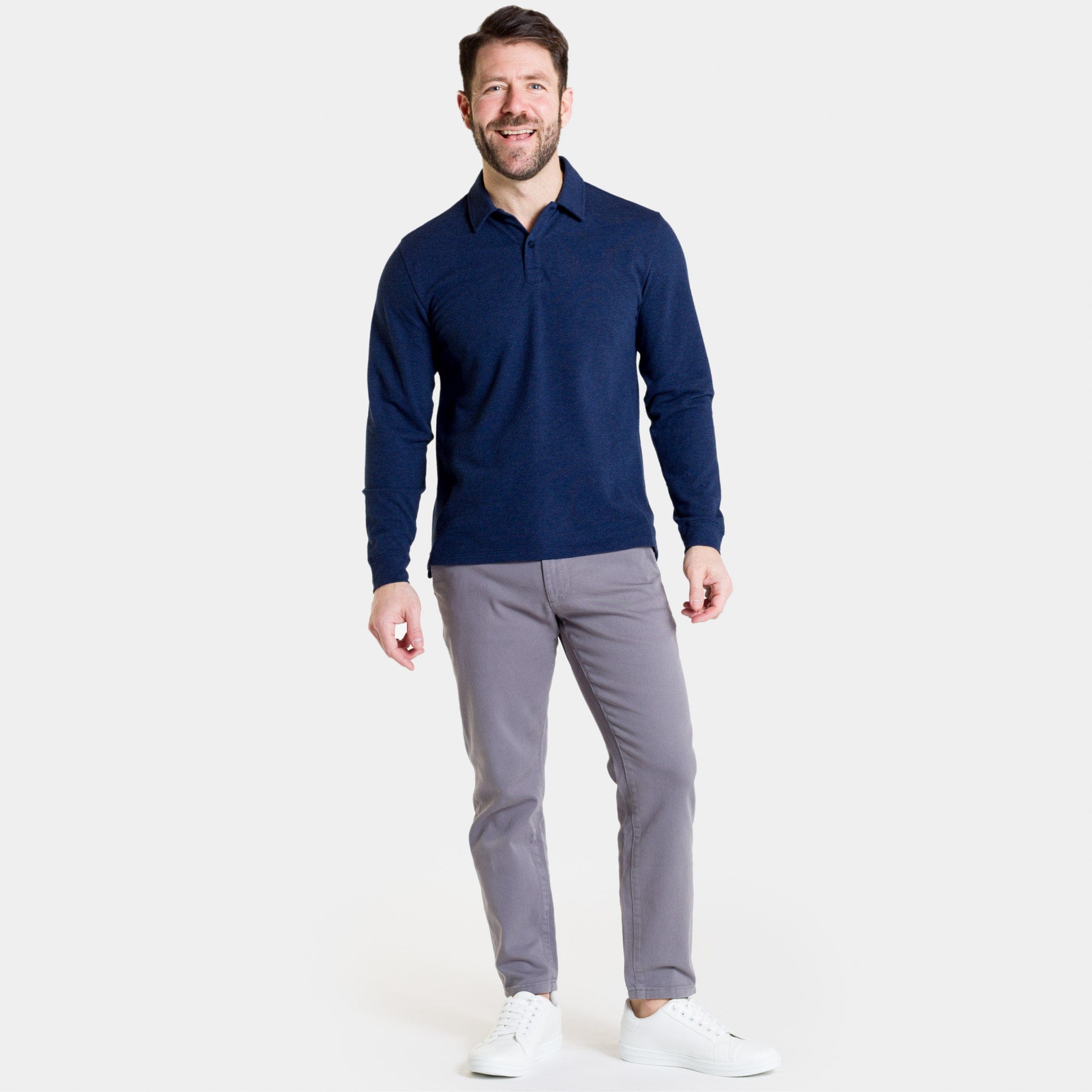 Heather Navy Pique Long Sleeve Polo
