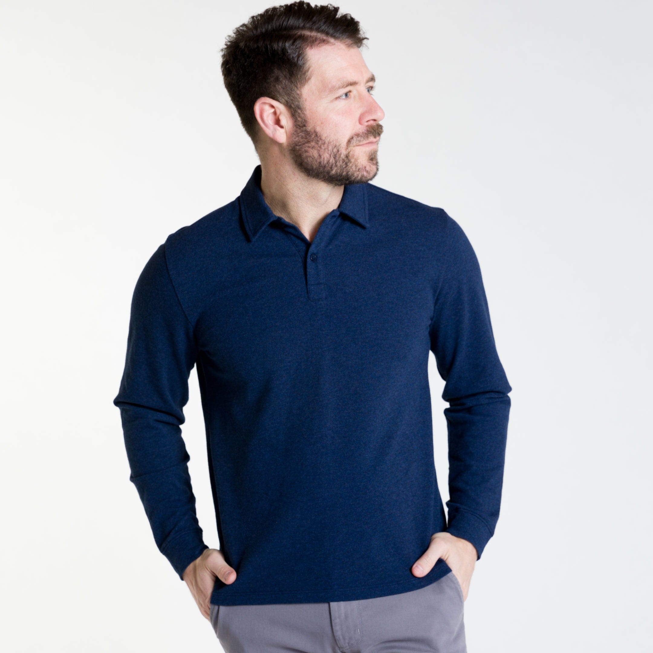 Heather Navy Pique Long Sleeve Polo