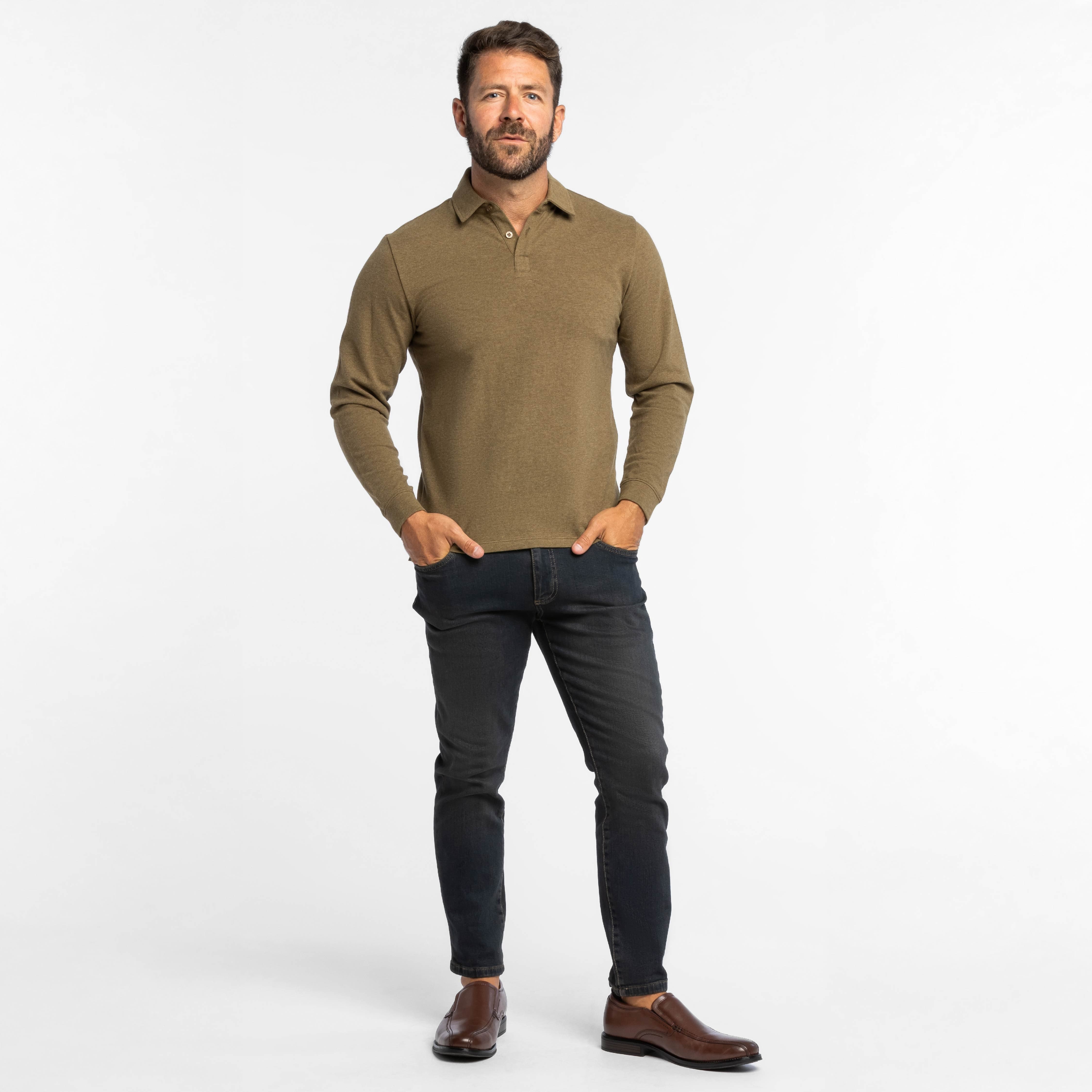 Heather Olive Pique Long Sleeve Polo
