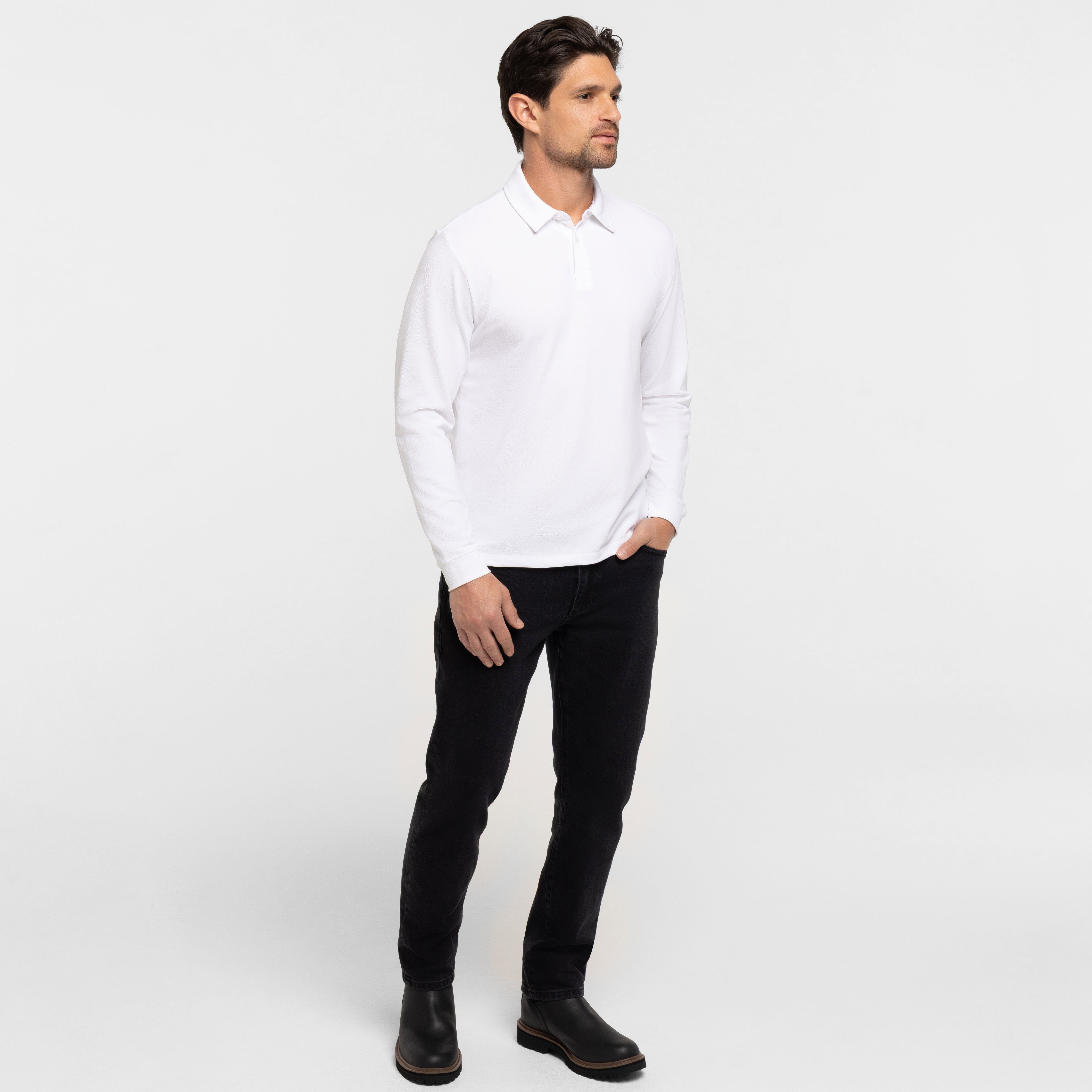 White Pique Long Sleeve Polo
