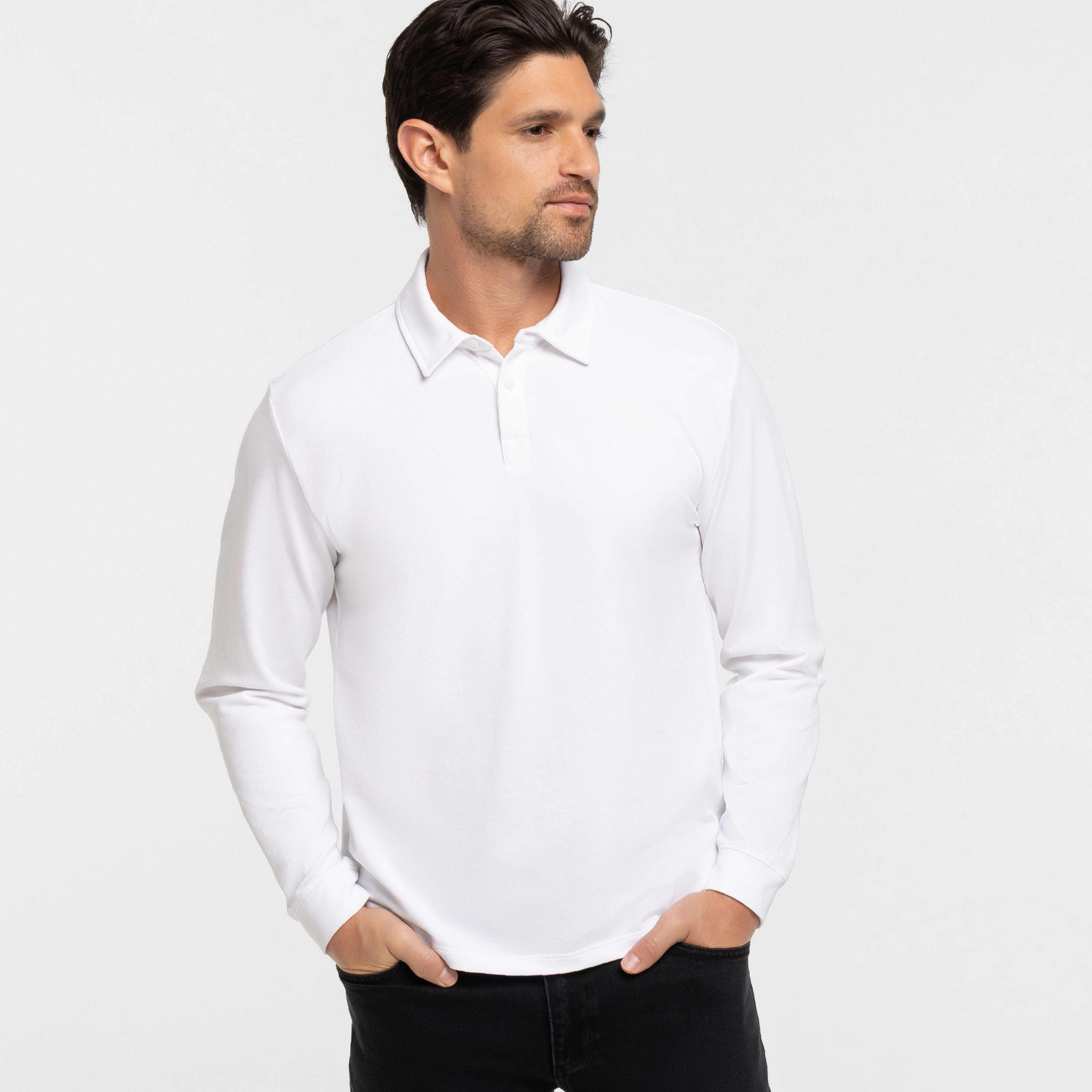 White Pique Long Sleeve Polo