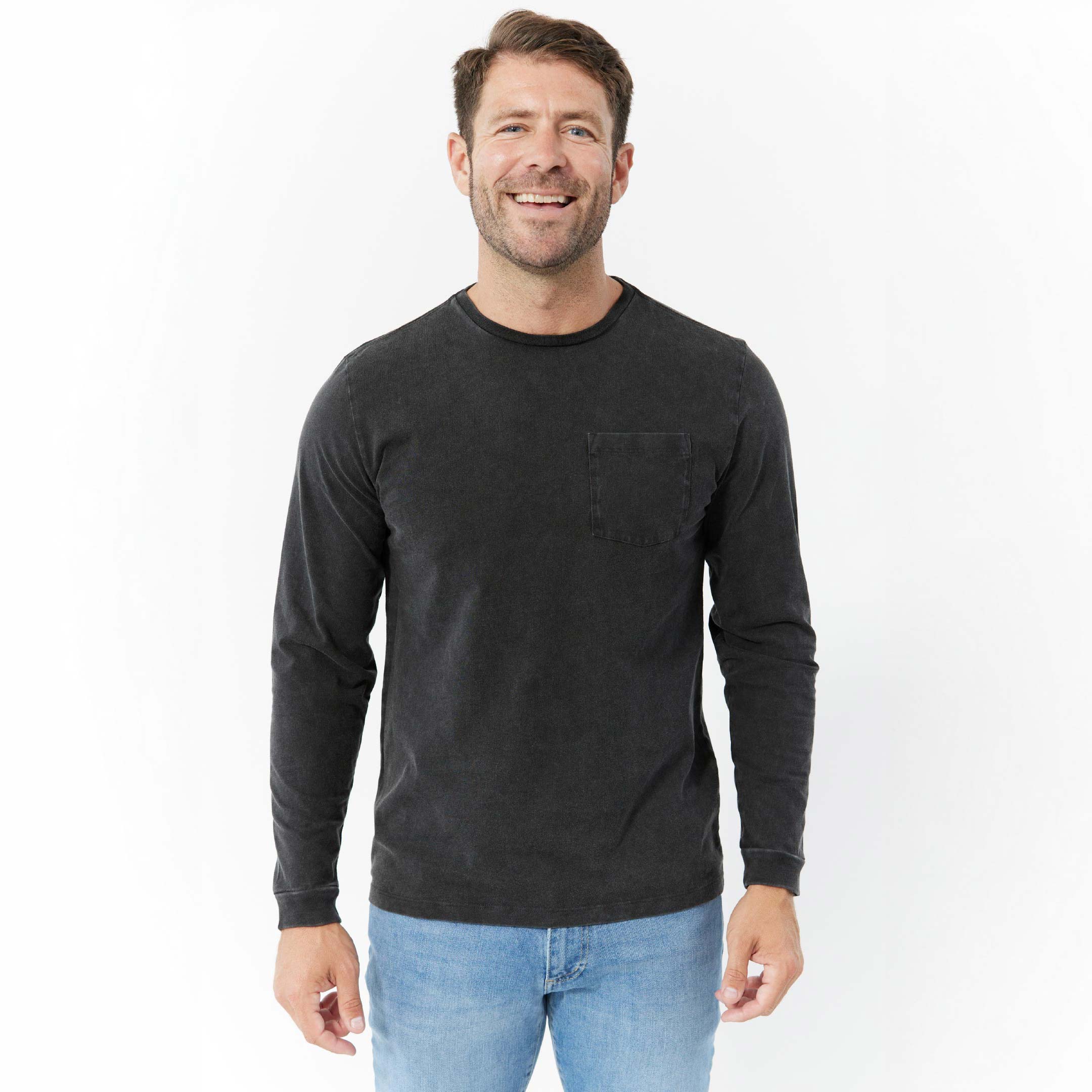 Washed Black Long Sleeve Pima Cotton Crew Neck Tee