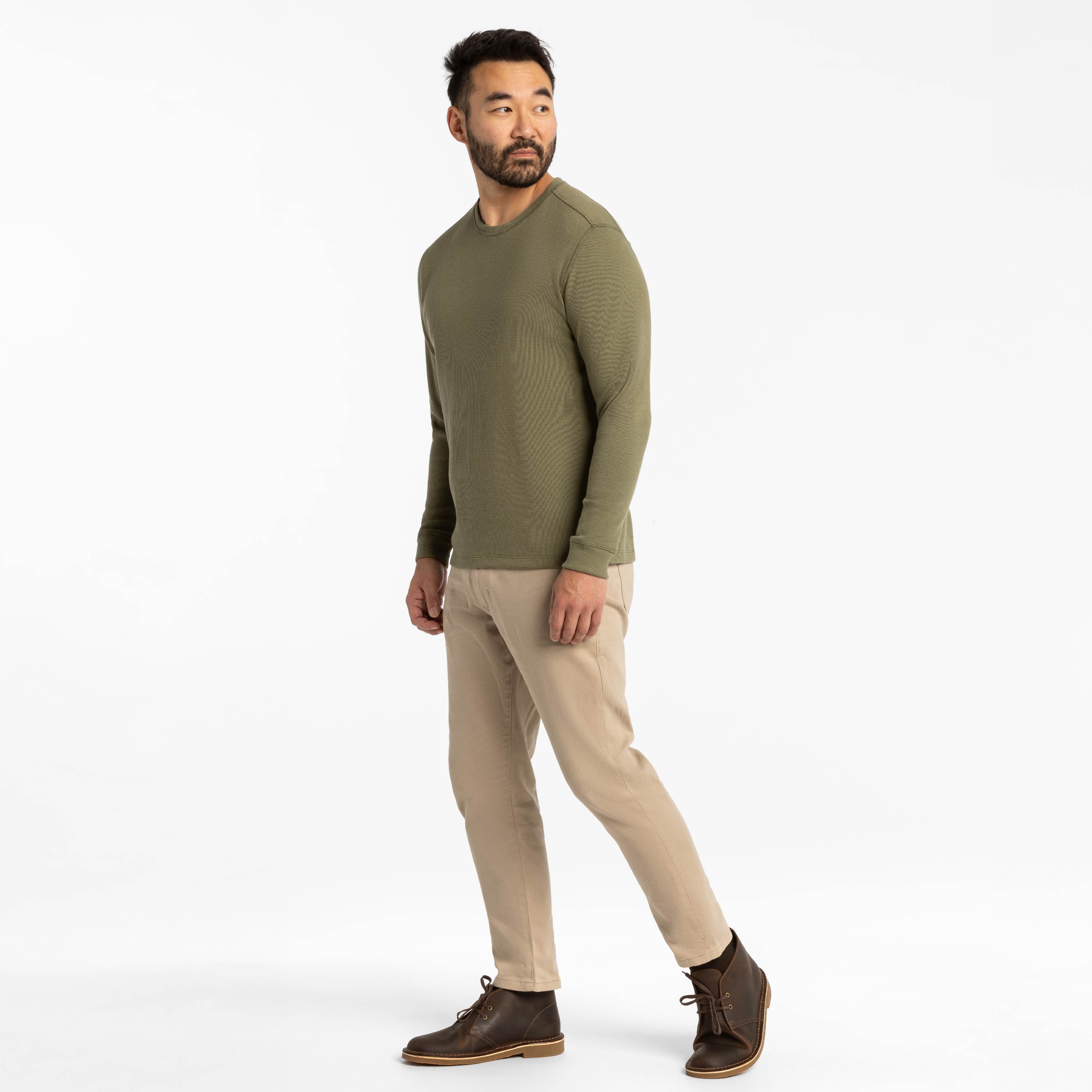 Olive Waffle Long Sleeve Crew Neck Tee