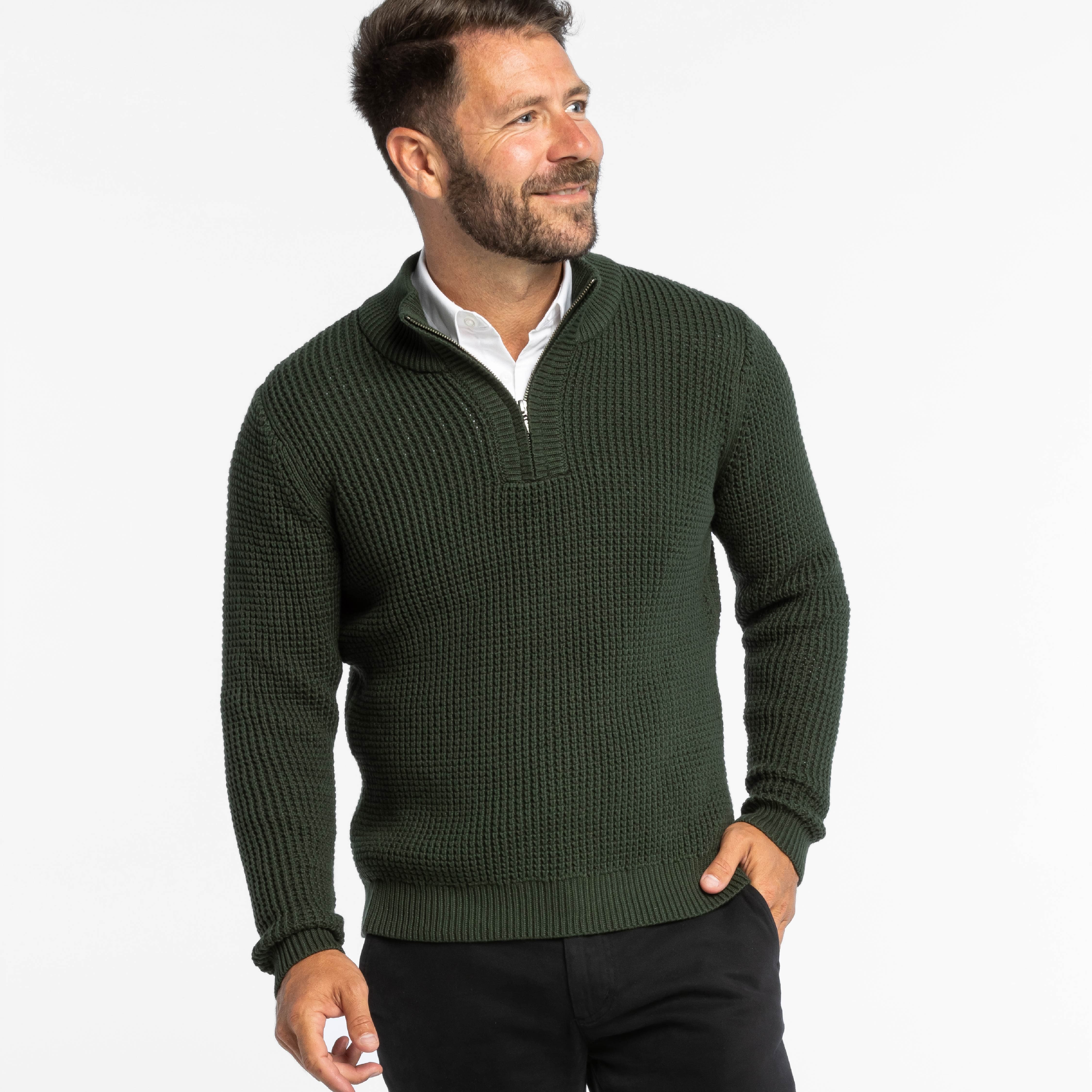 Dark Green Waffle Knit Quarter-Zip Sweater
