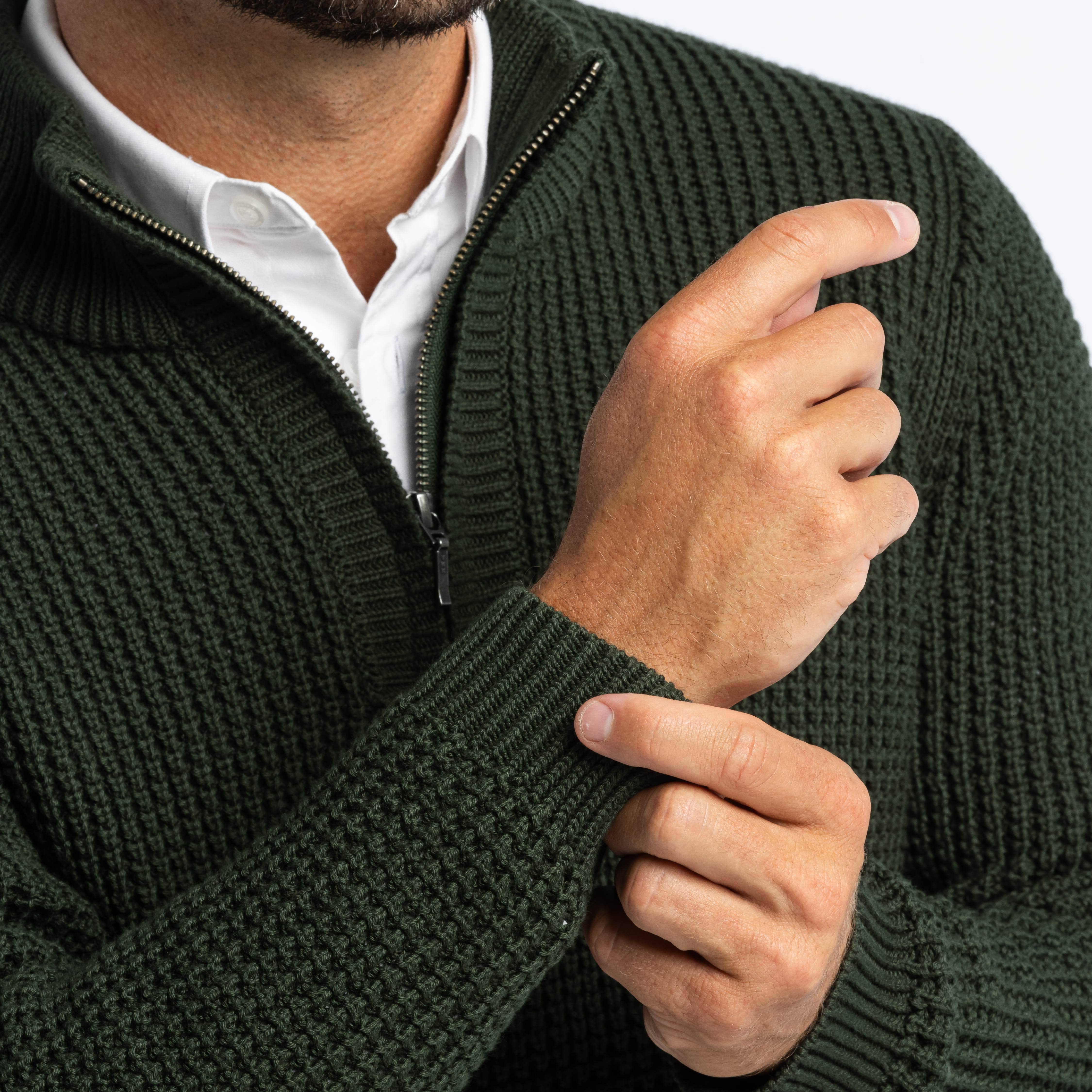 Dark Green Waffle Knit Quarter-Zip Sweater