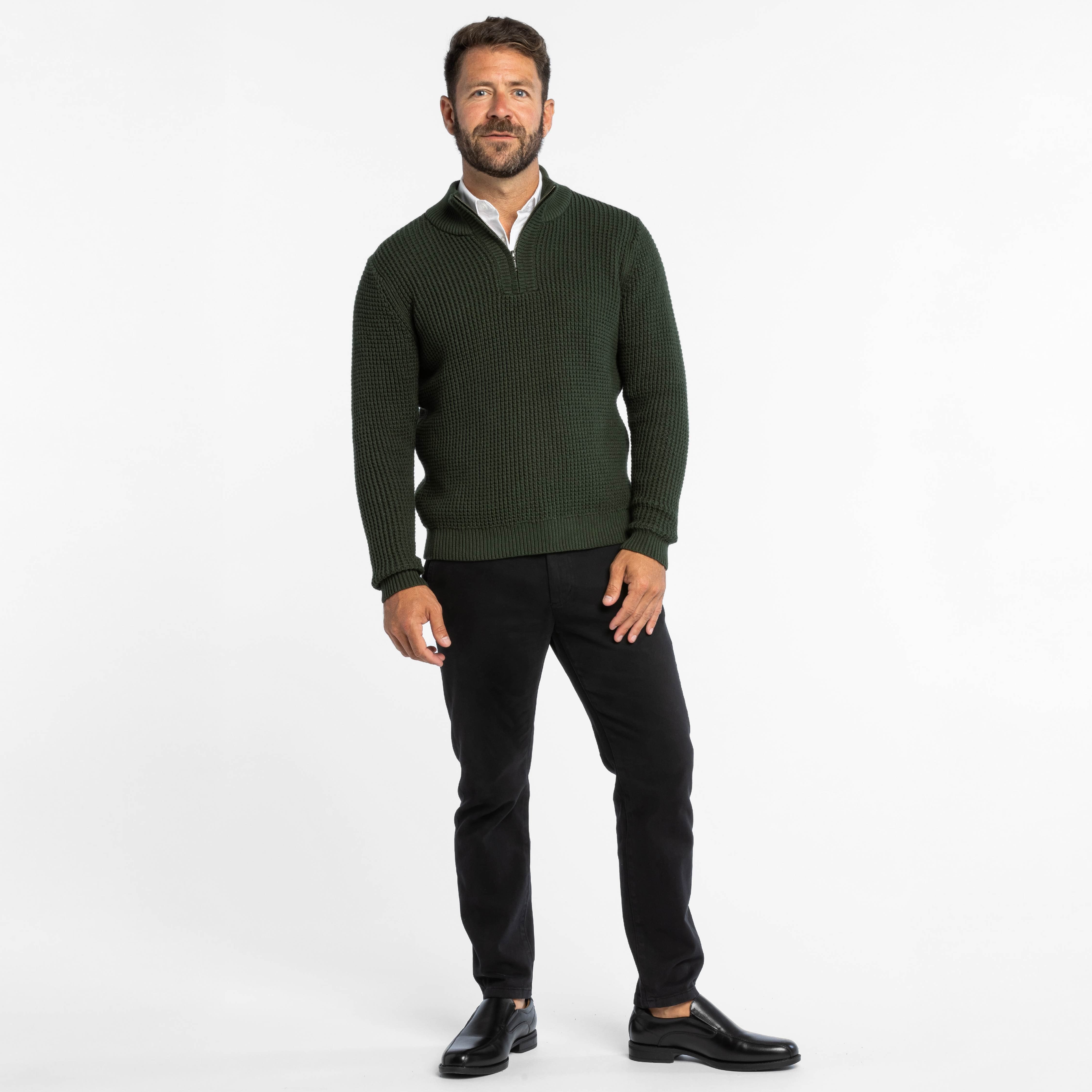 Dark Green Waffle Knit Quarter-Zip Sweater