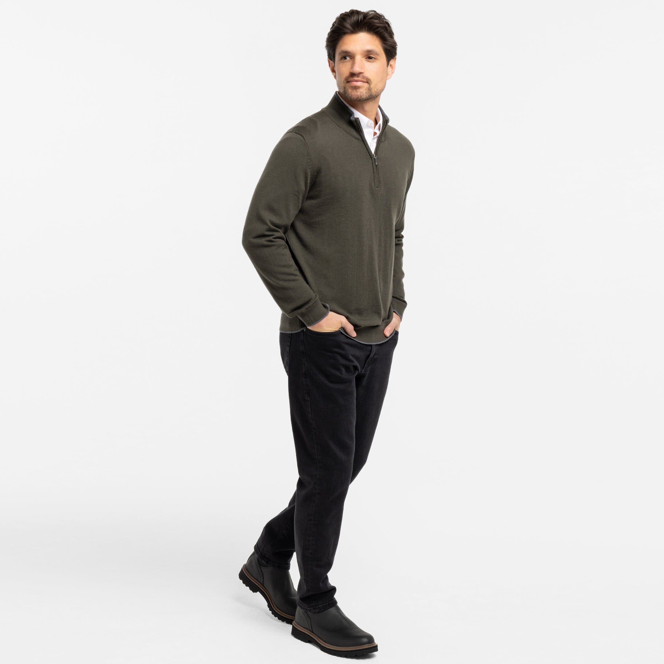 Dark Olive Merino Quarter-Zip Sweater