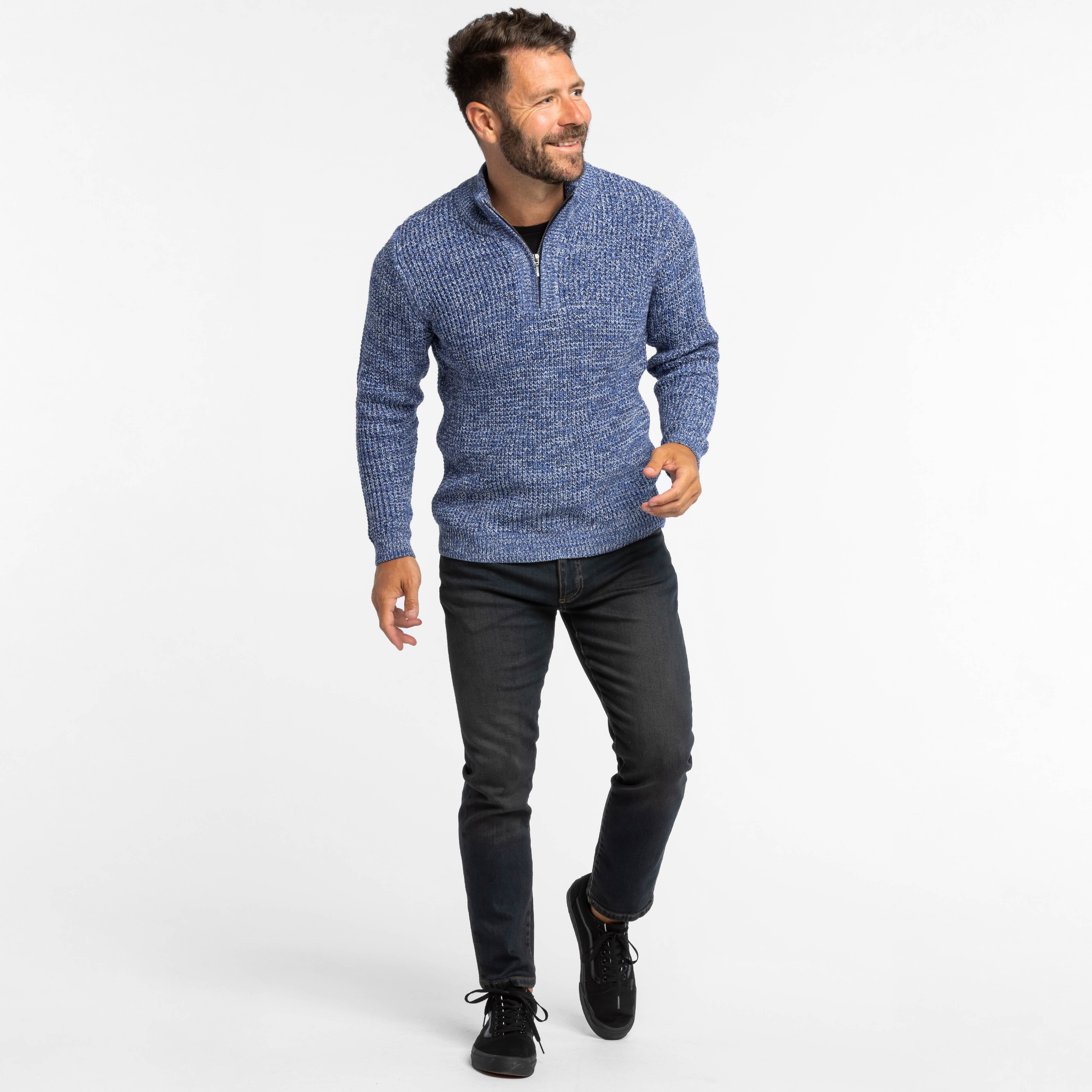 Heather Blue Waffle Knit Quarter-Zip Sweater