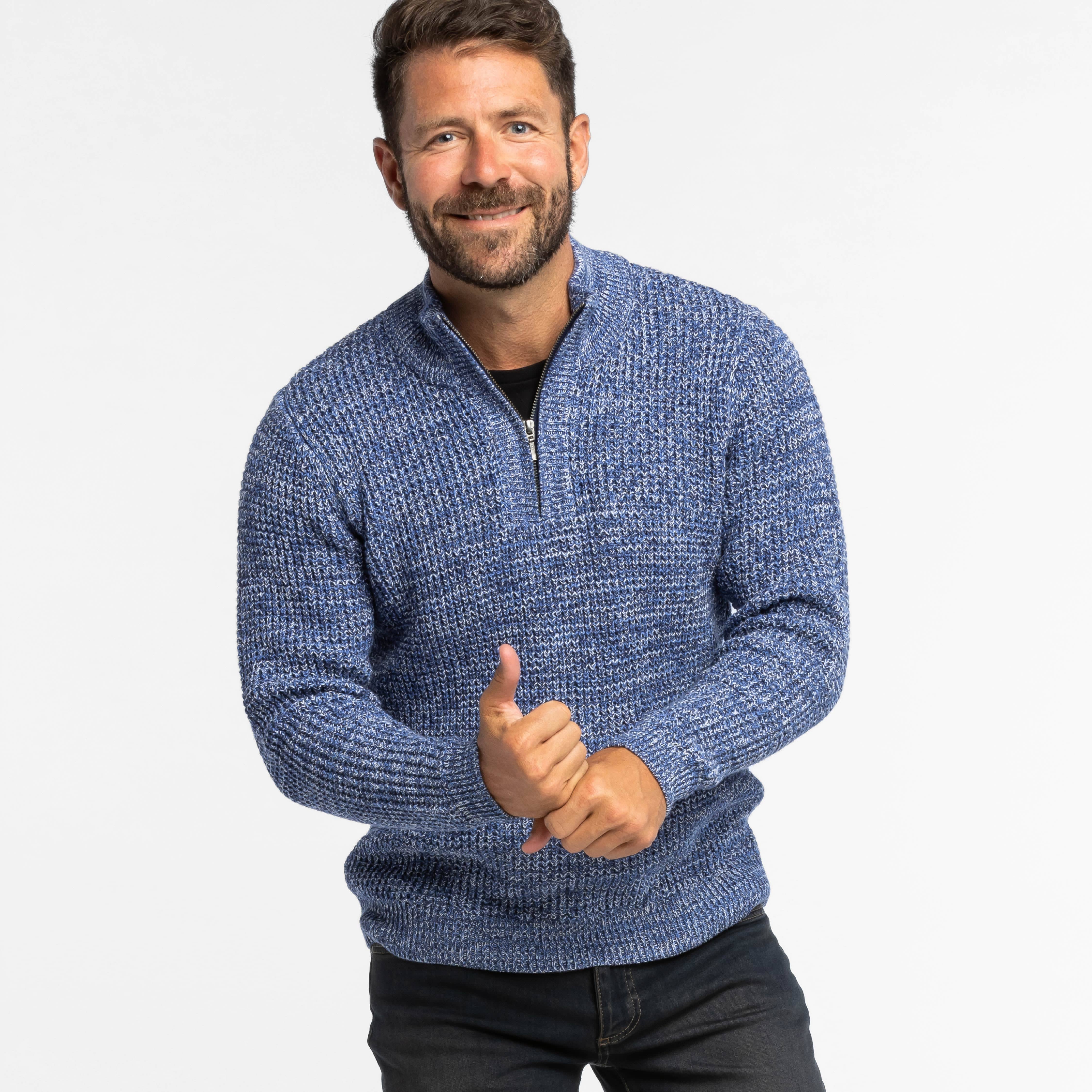 Heather Blue Waffle Knit Quarter-Zip Sweater