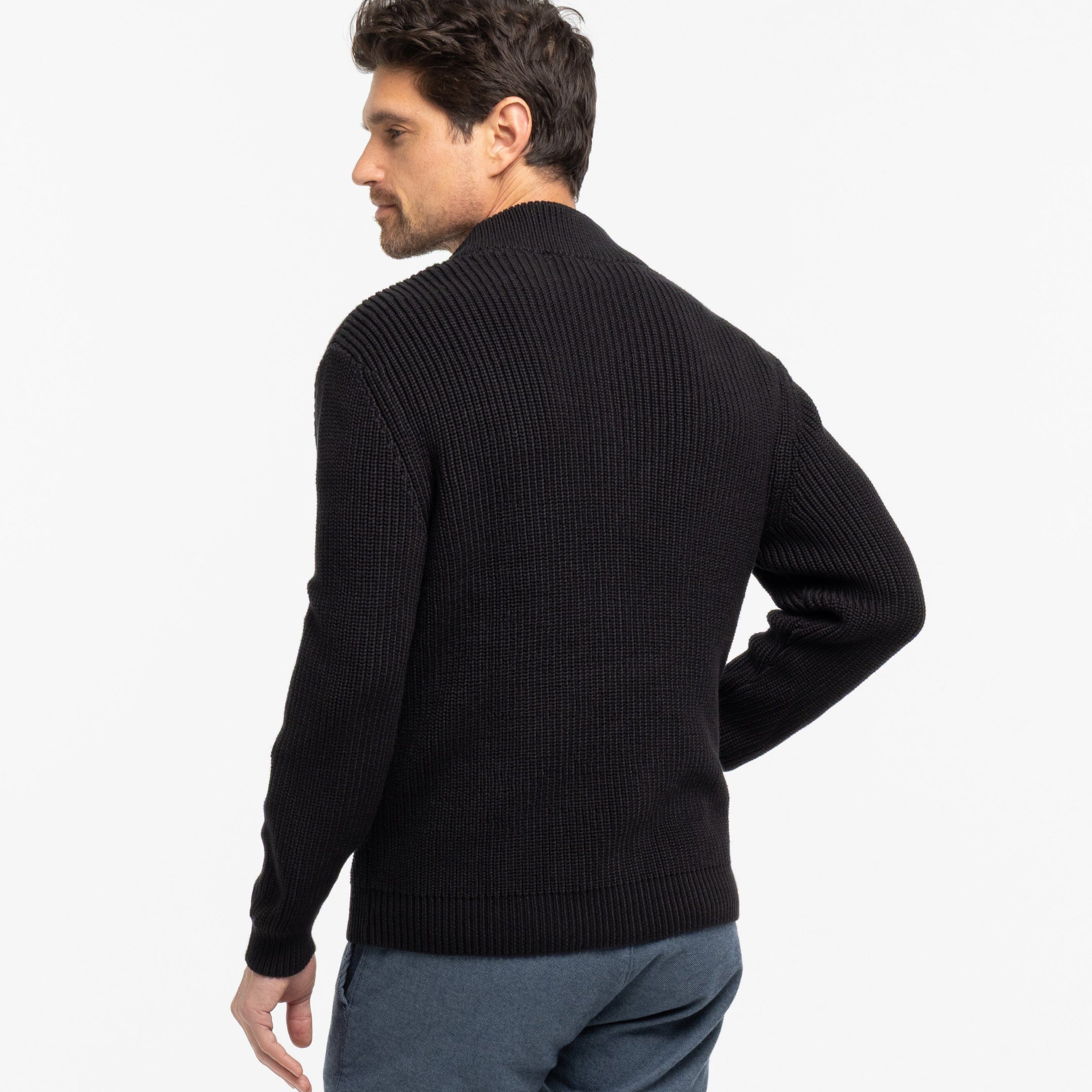 Black Waffle Knit Full-Zip Sweater