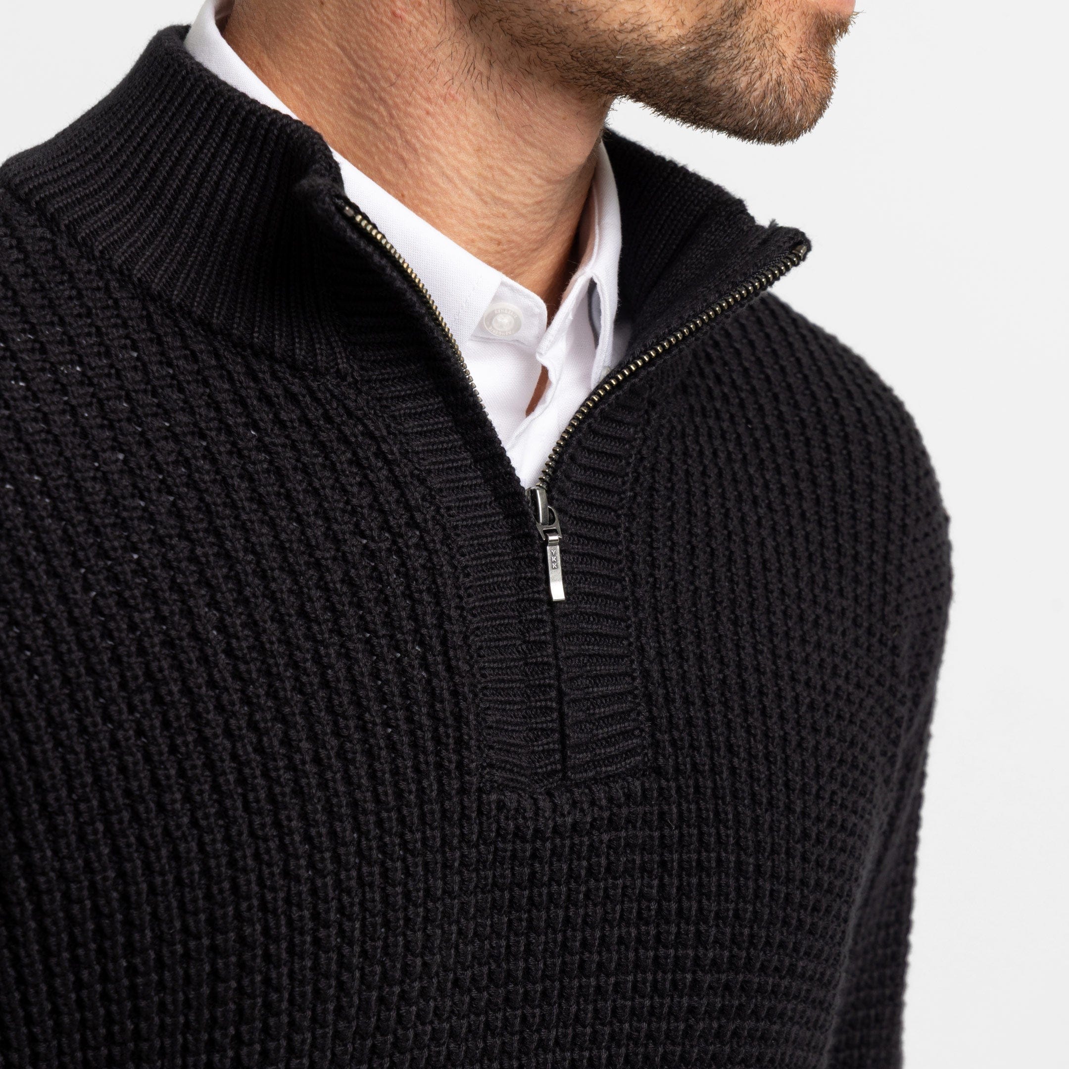 Black Waffle Knit Quarter-Zip Sweater