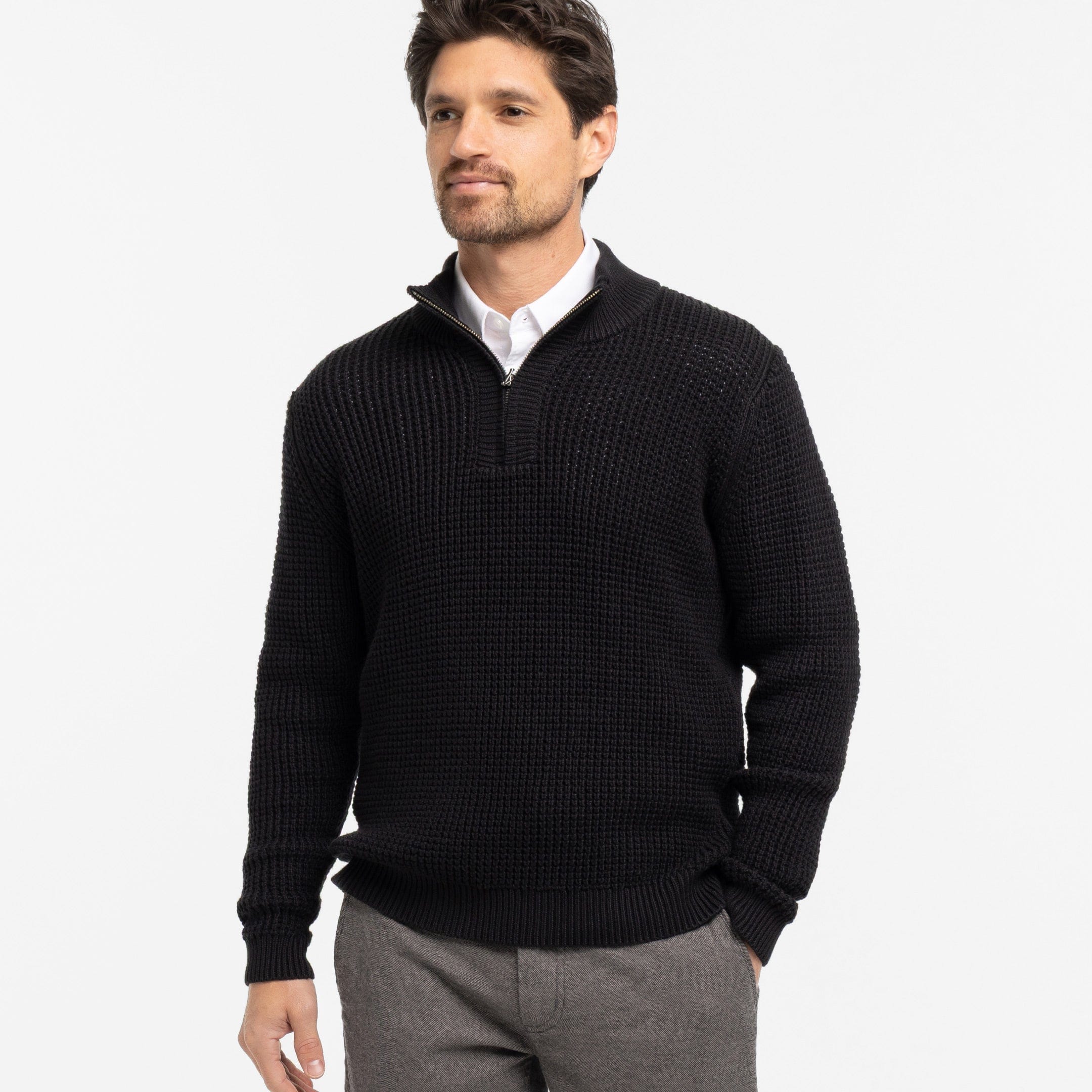 Black Waffle Knit Quarter-Zip Sweater
