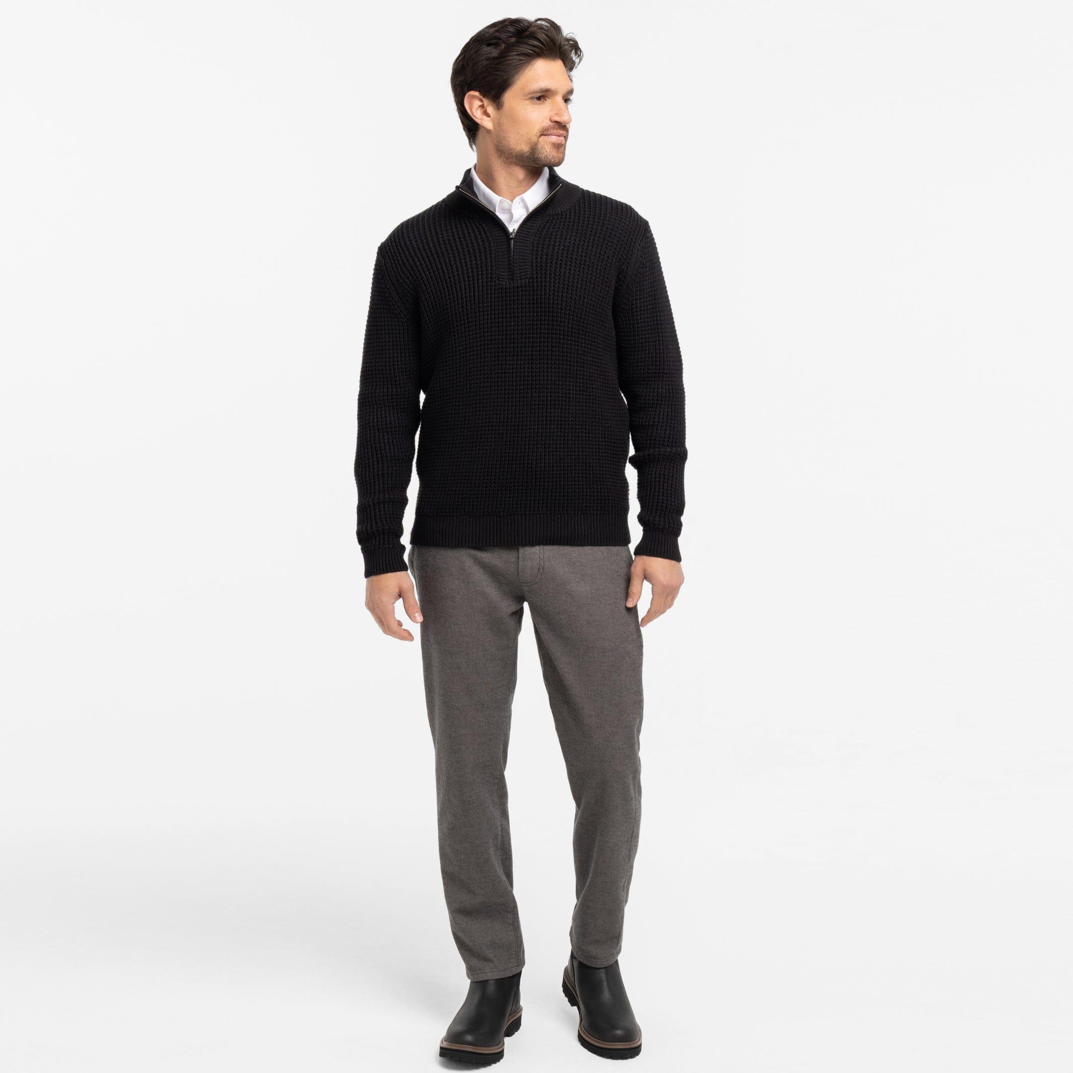Black Waffle Knit Quarter-Zip Sweater