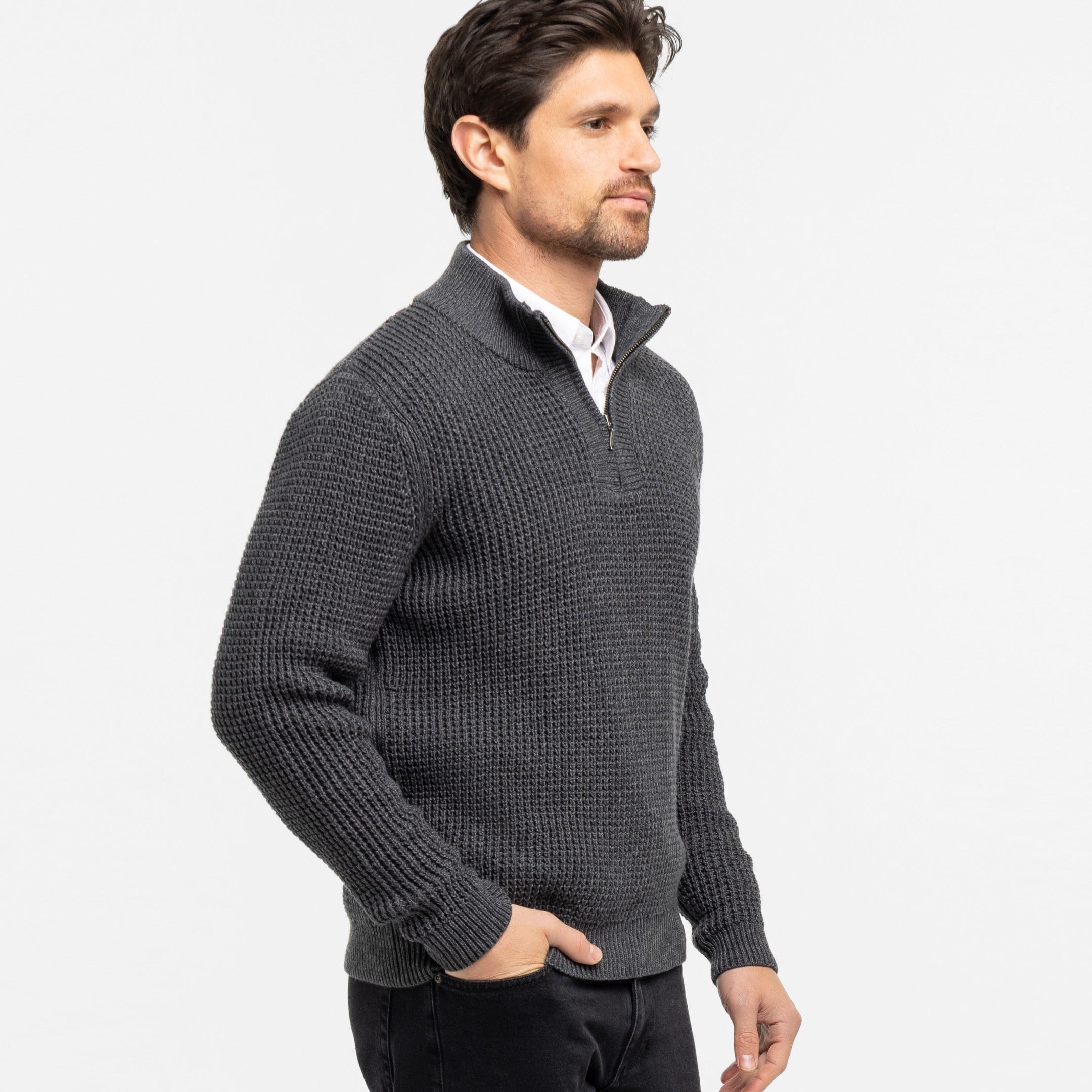 Heather Grey Waffle Knit Quarter-Zip Sweater