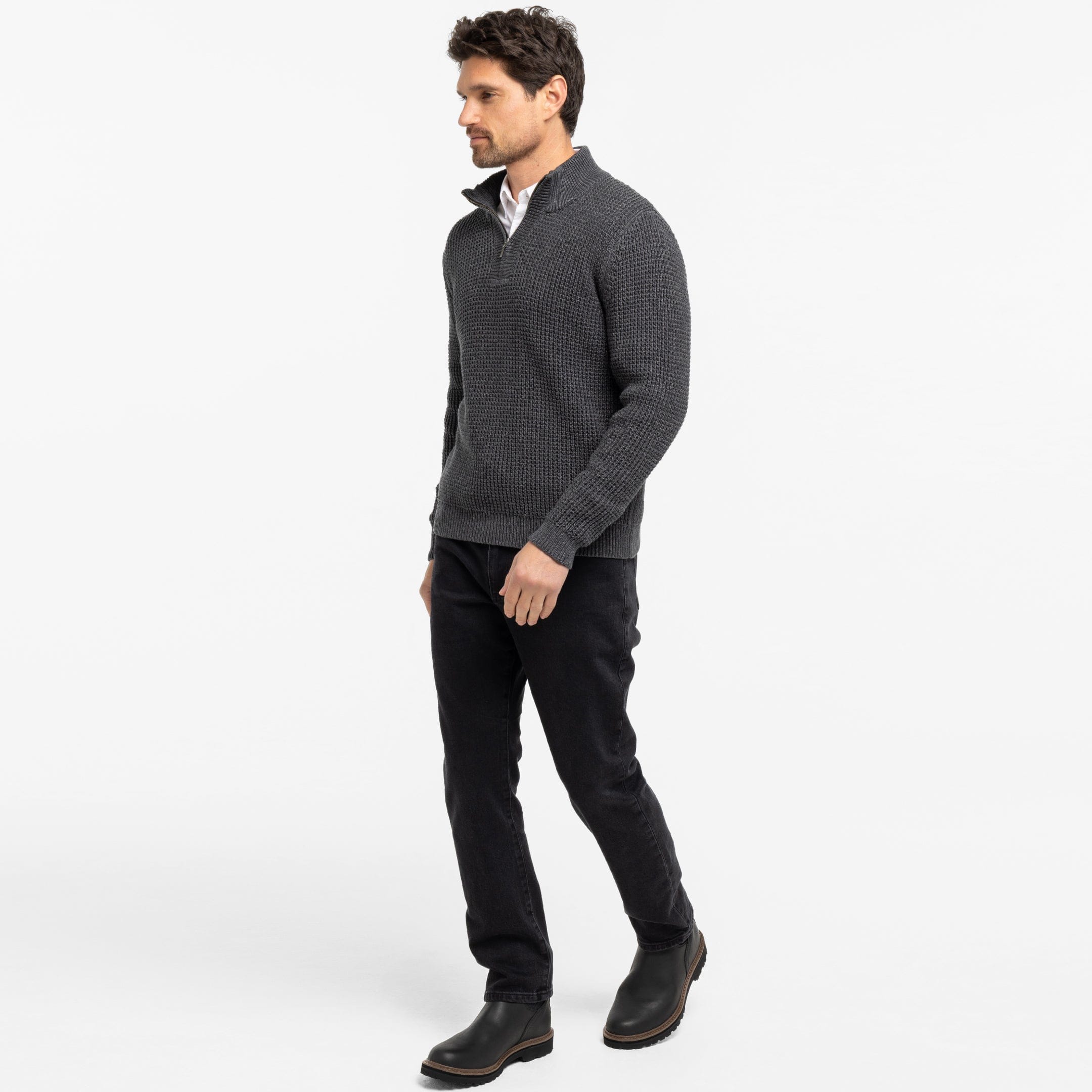 Heather Grey Waffle Knit Quarter-Zip Sweater