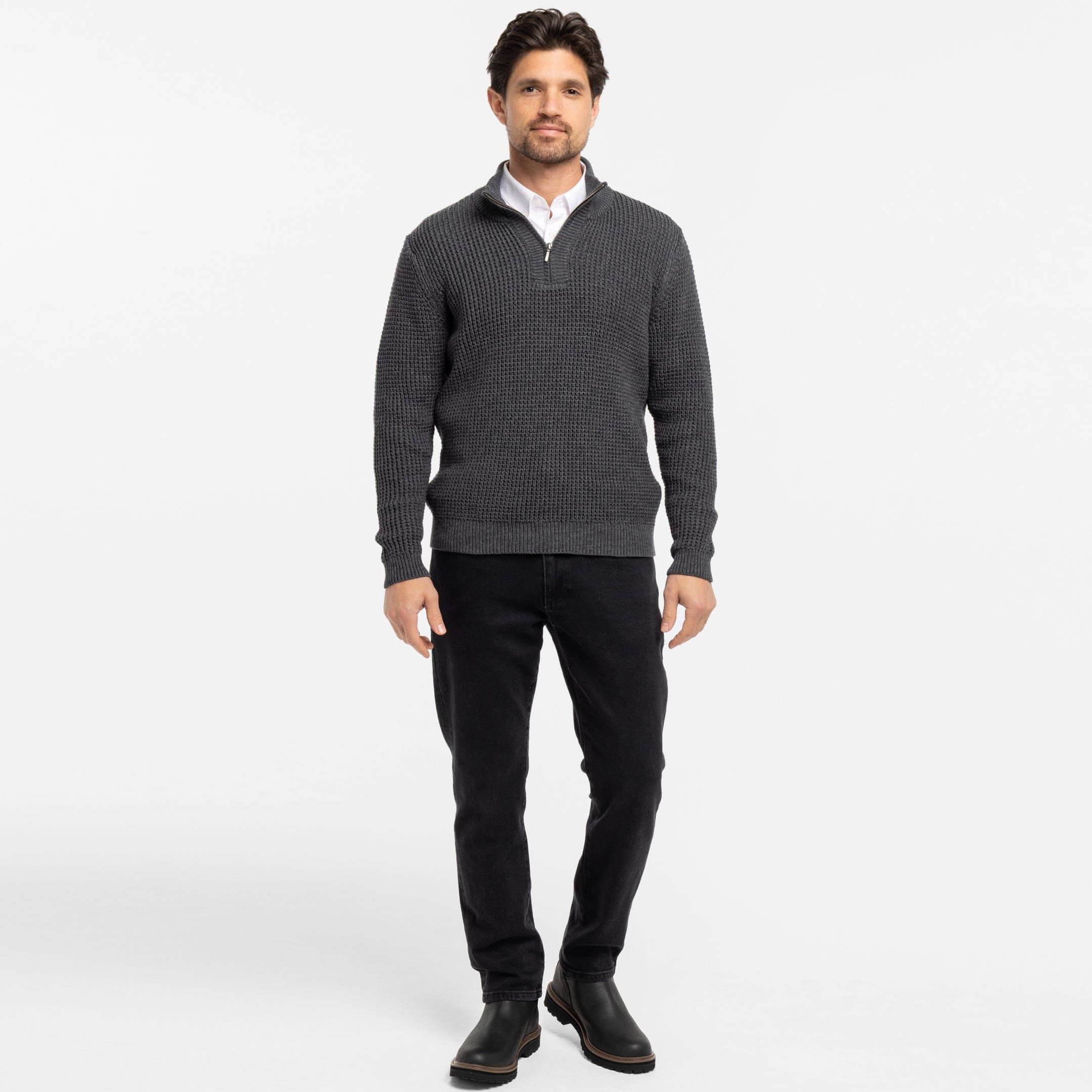 Heather Grey Waffle Knit Quarter-Zip Sweater