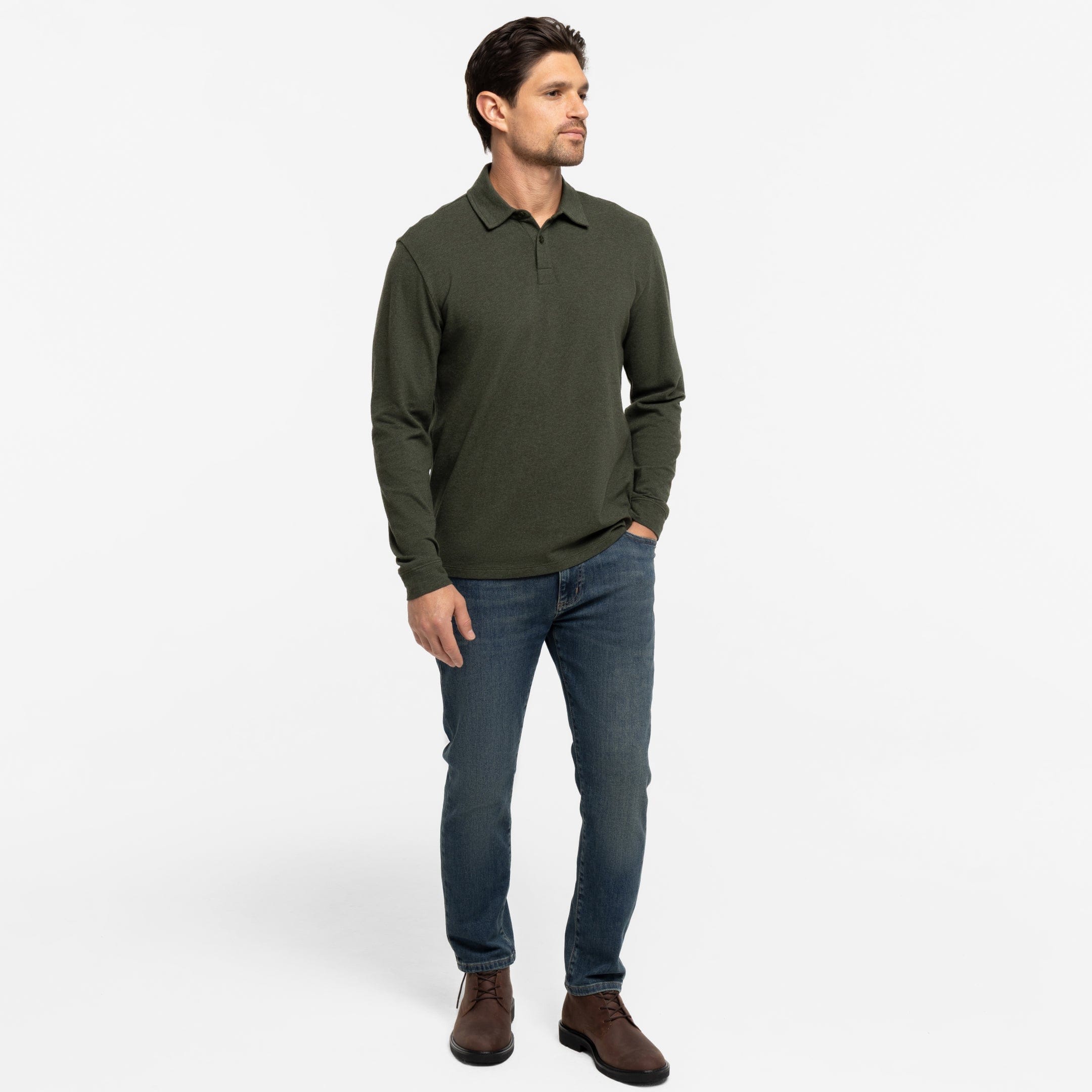Heather Green Pique Long Sleeve Polo