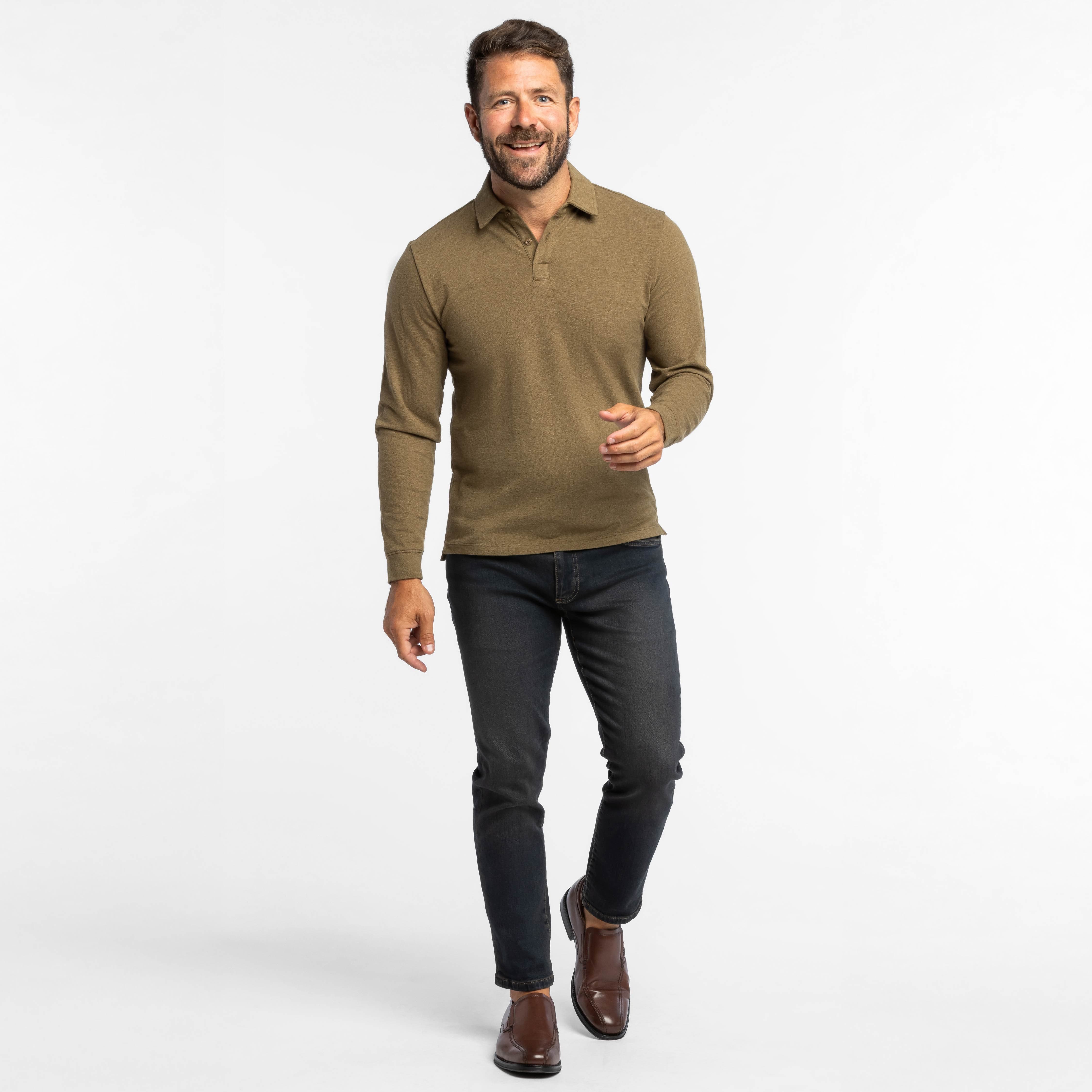 Heather Olive Pique Long Sleeve Polo