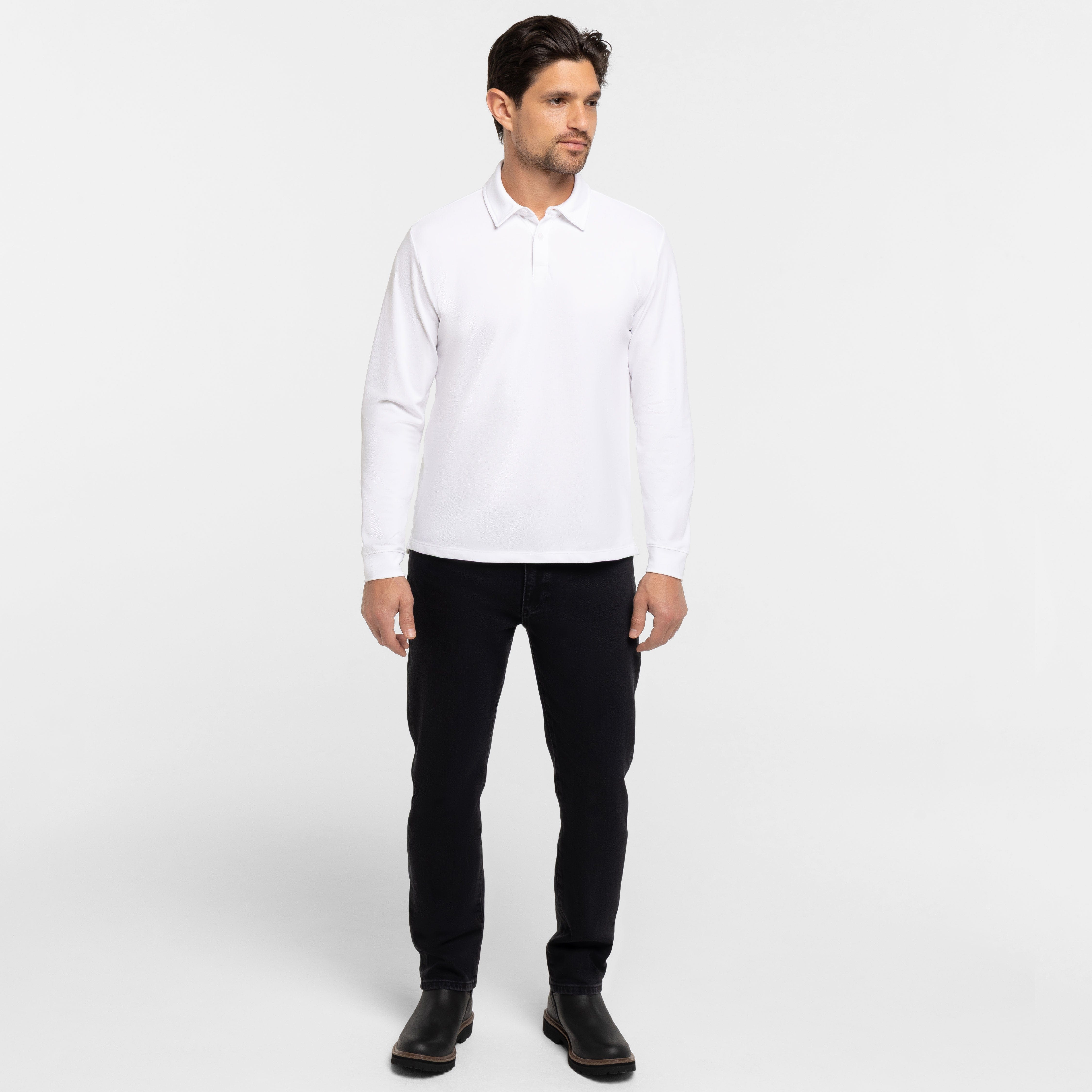 White Pique Long Sleeve Polo