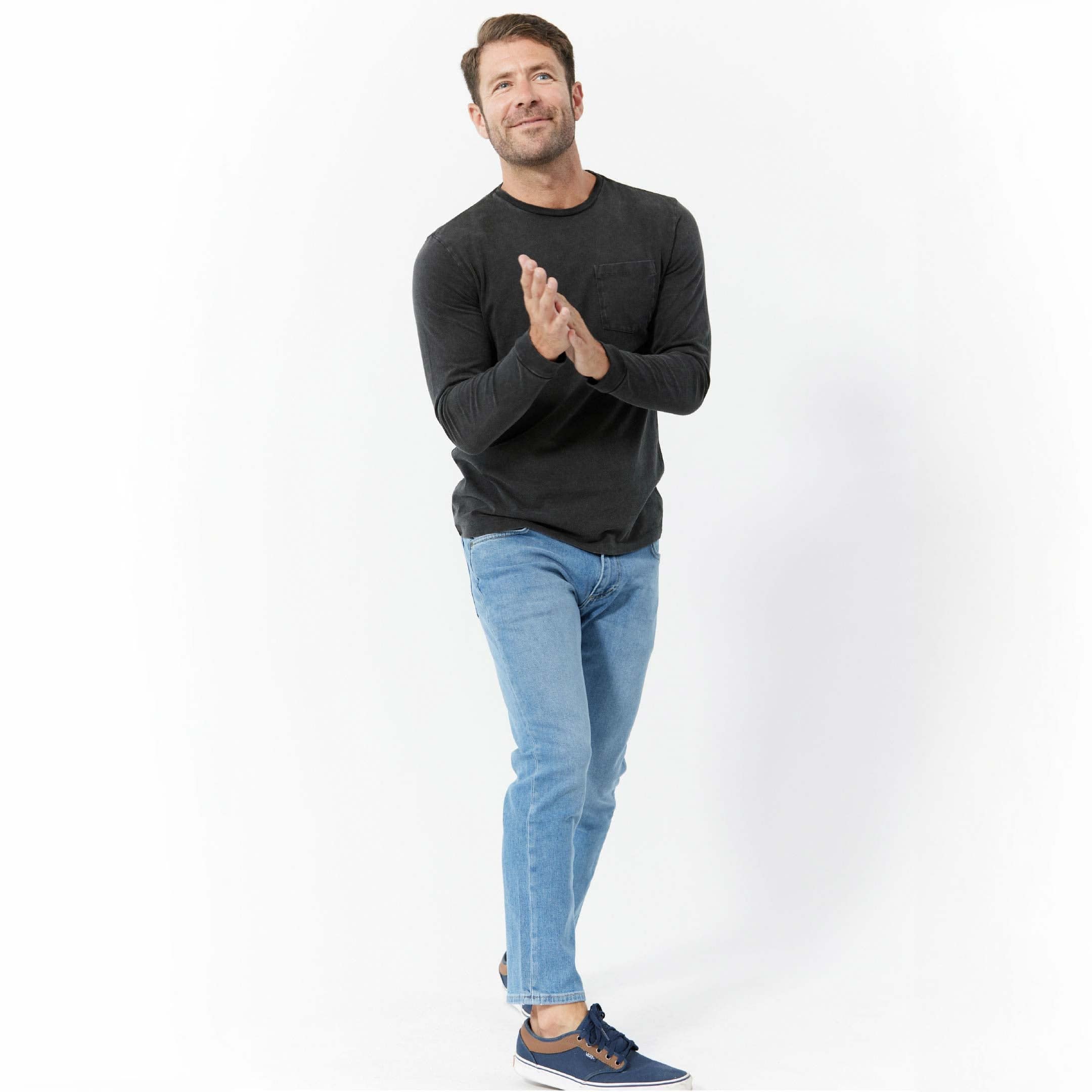 Washed Black Long Sleeve Pima Cotton Crew Neck Tee