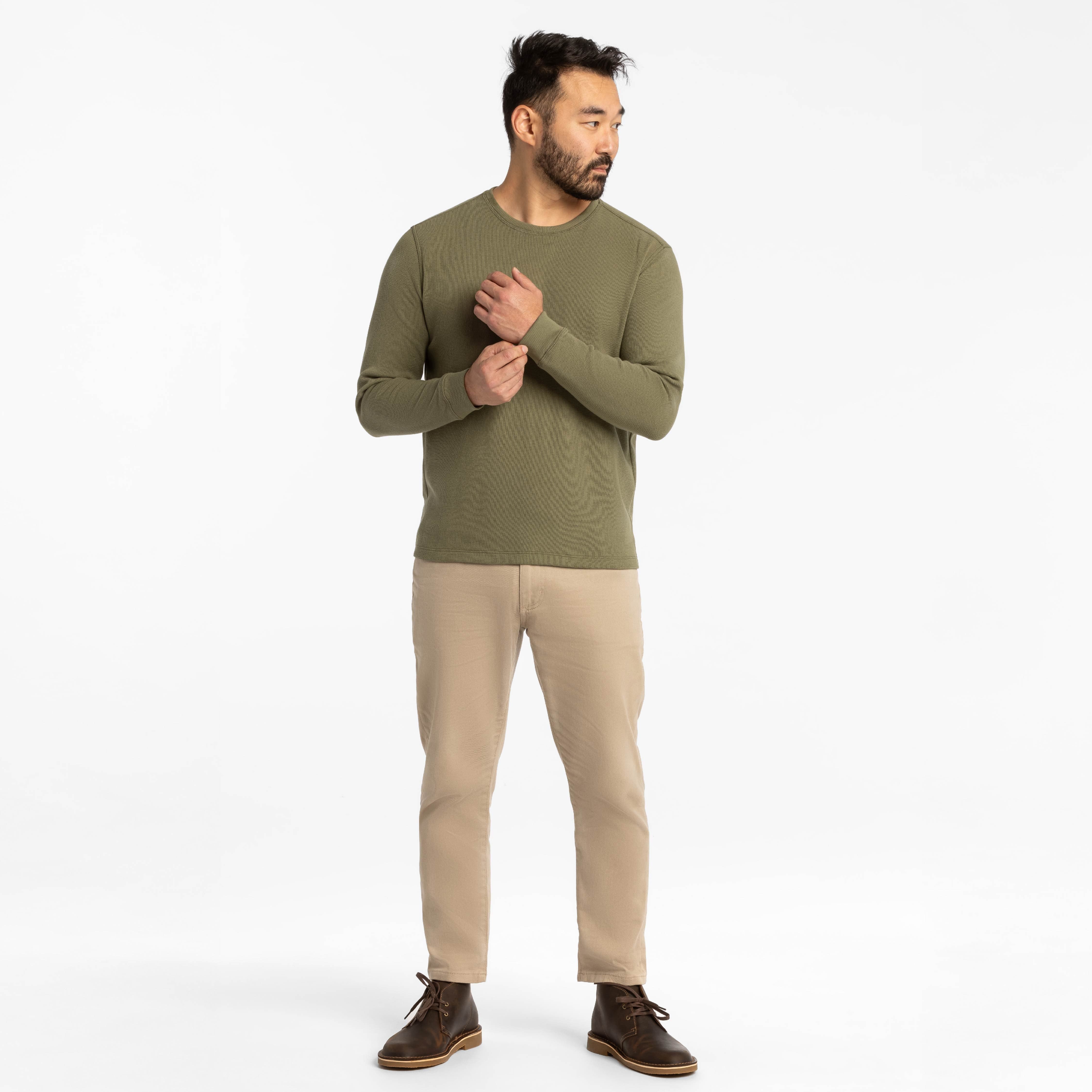 Olive Waffle Long Sleeve Crew Neck Tee
