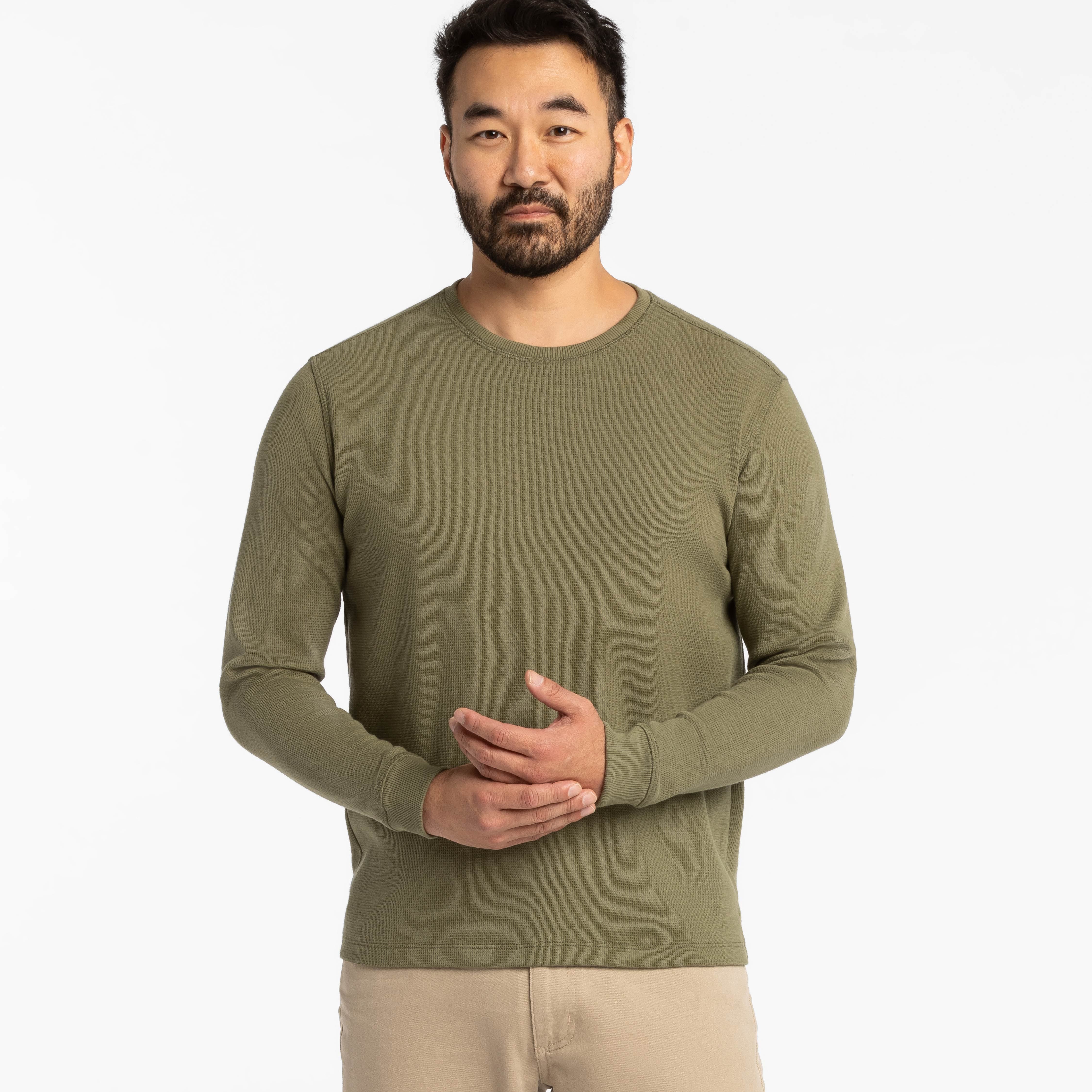 Olive Waffle Long Sleeve Crew Neck Tee