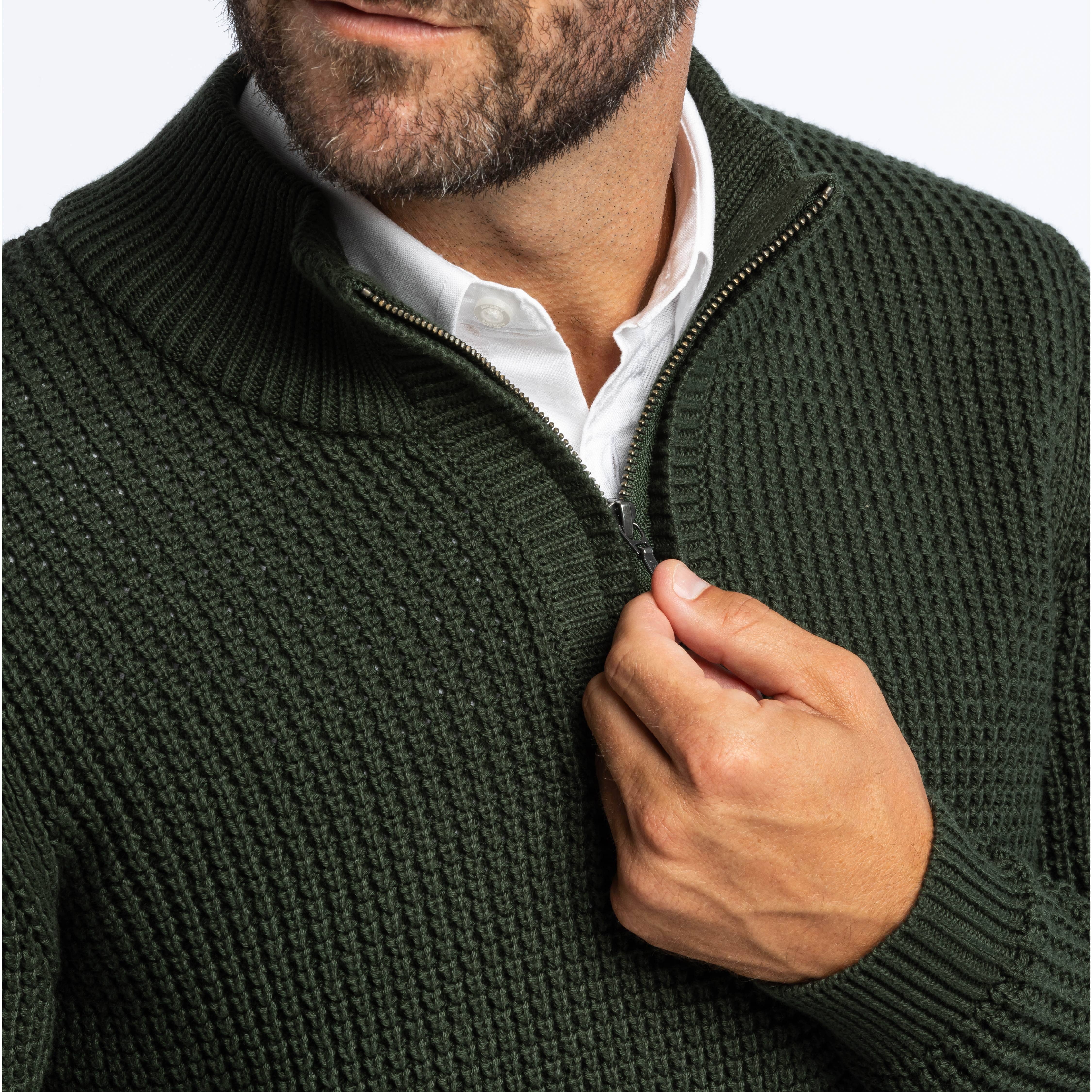 Dark Green Waffle Knit Quarter-Zip Sweater