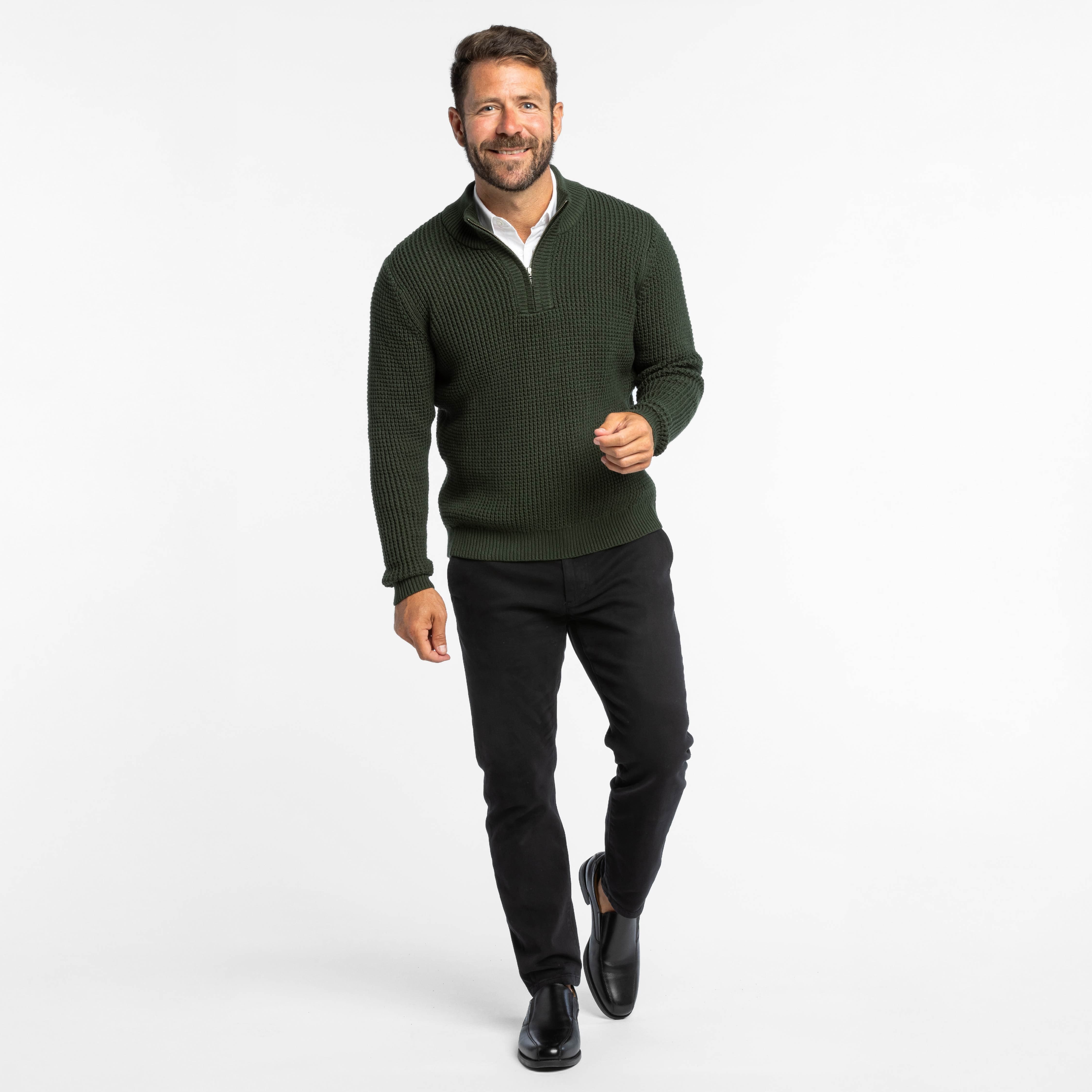 Dark Green Waffle Knit Quarter-Zip Sweater