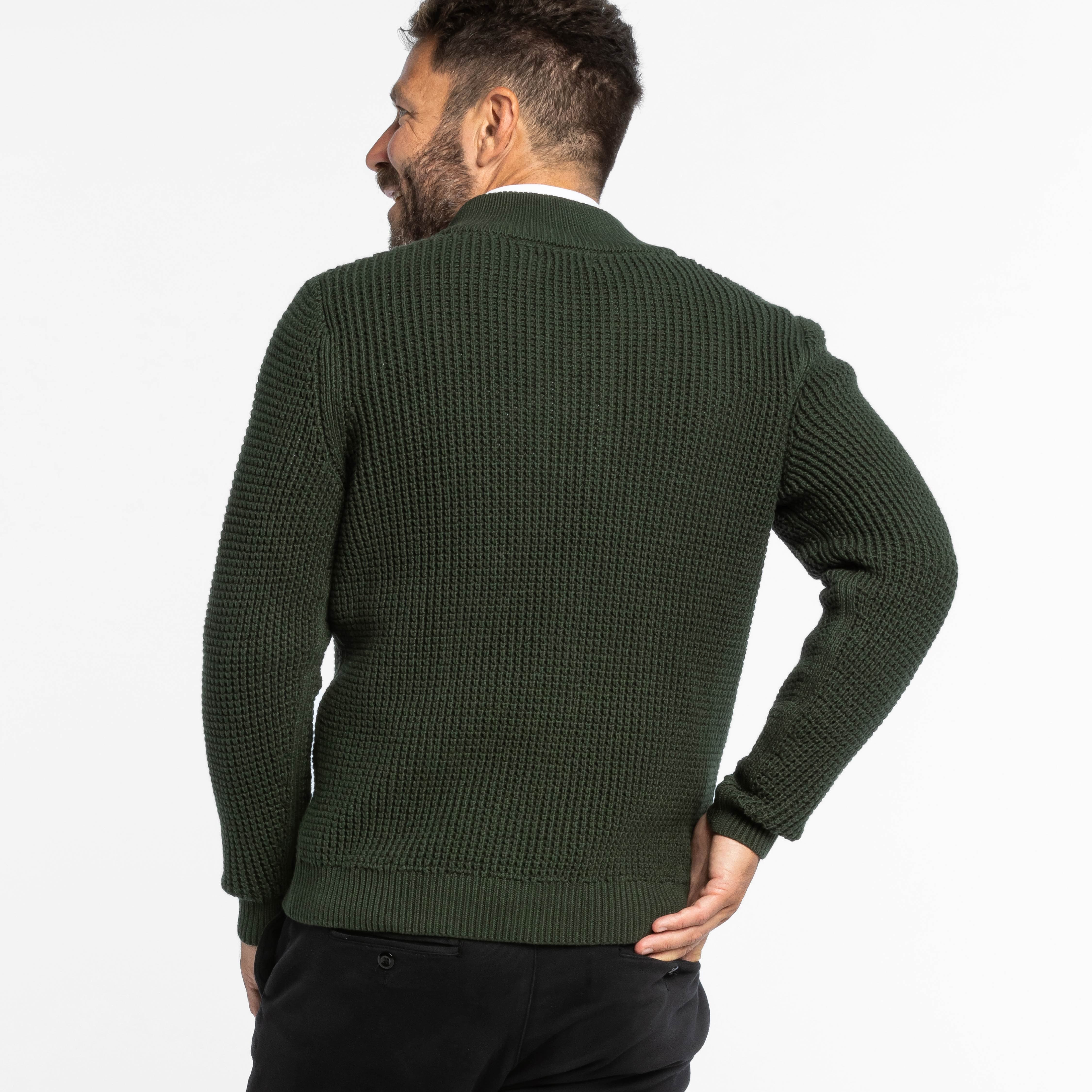 Dark Green Waffle Knit Quarter-Zip Sweater