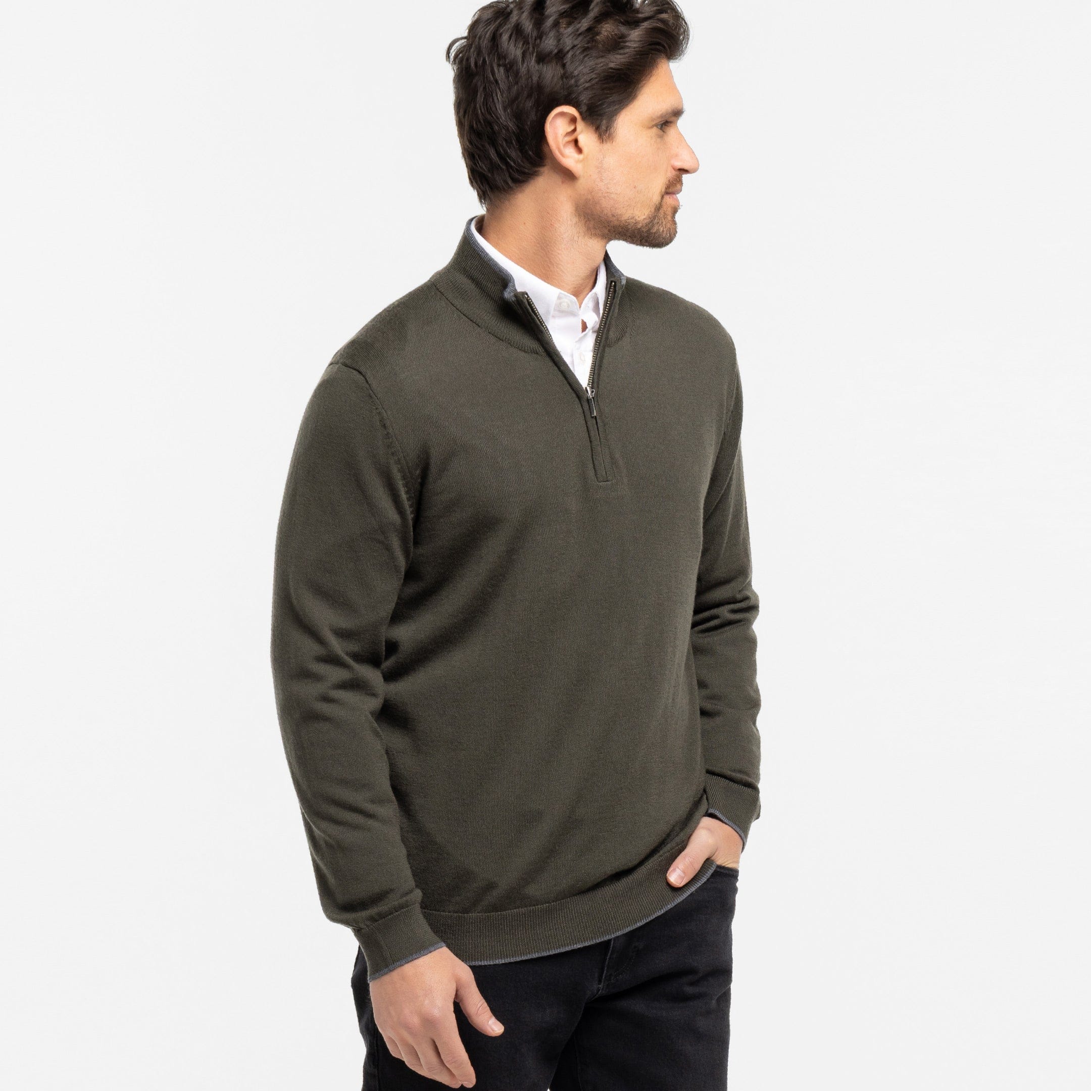 Dark Olive Merino Quarter-Zip Sweater