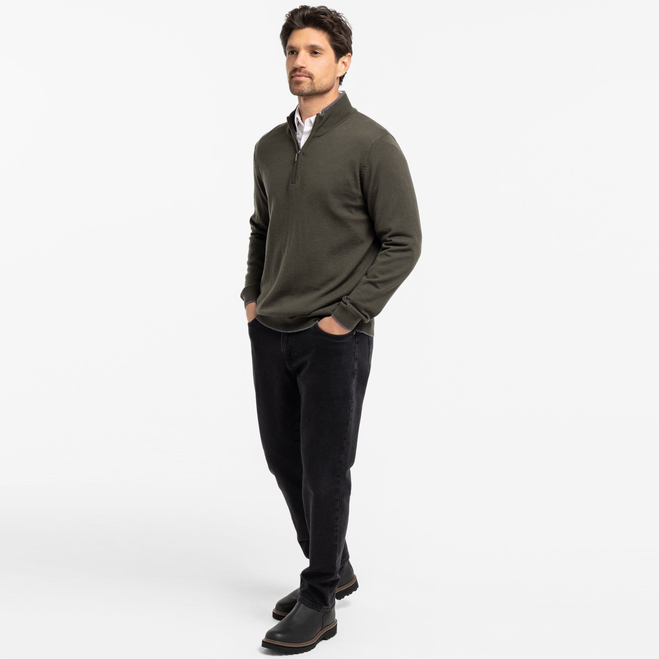 Dark Olive Merino Quarter-Zip Sweater