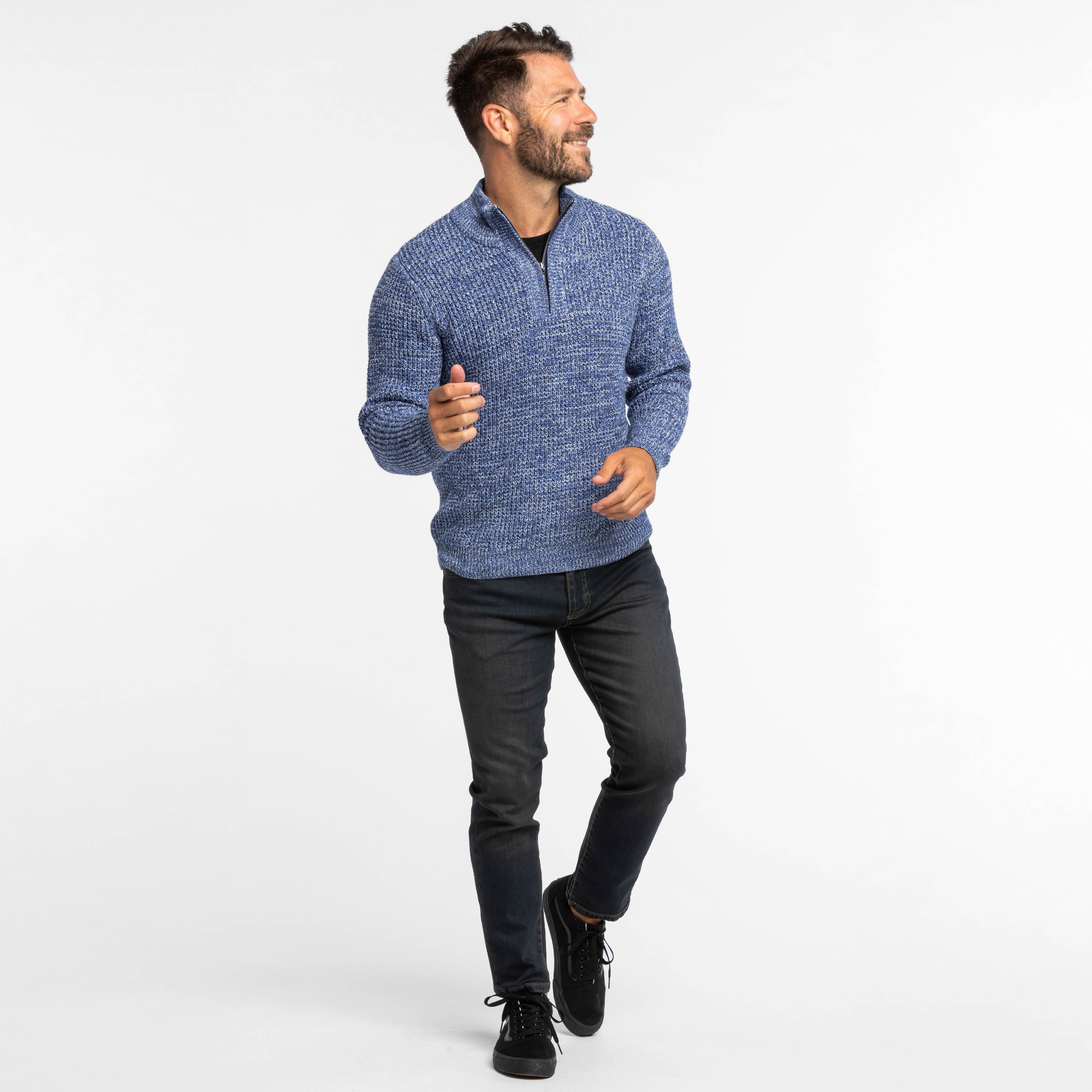 Heather Blue Waffle Knit Quarter-Zip Sweater