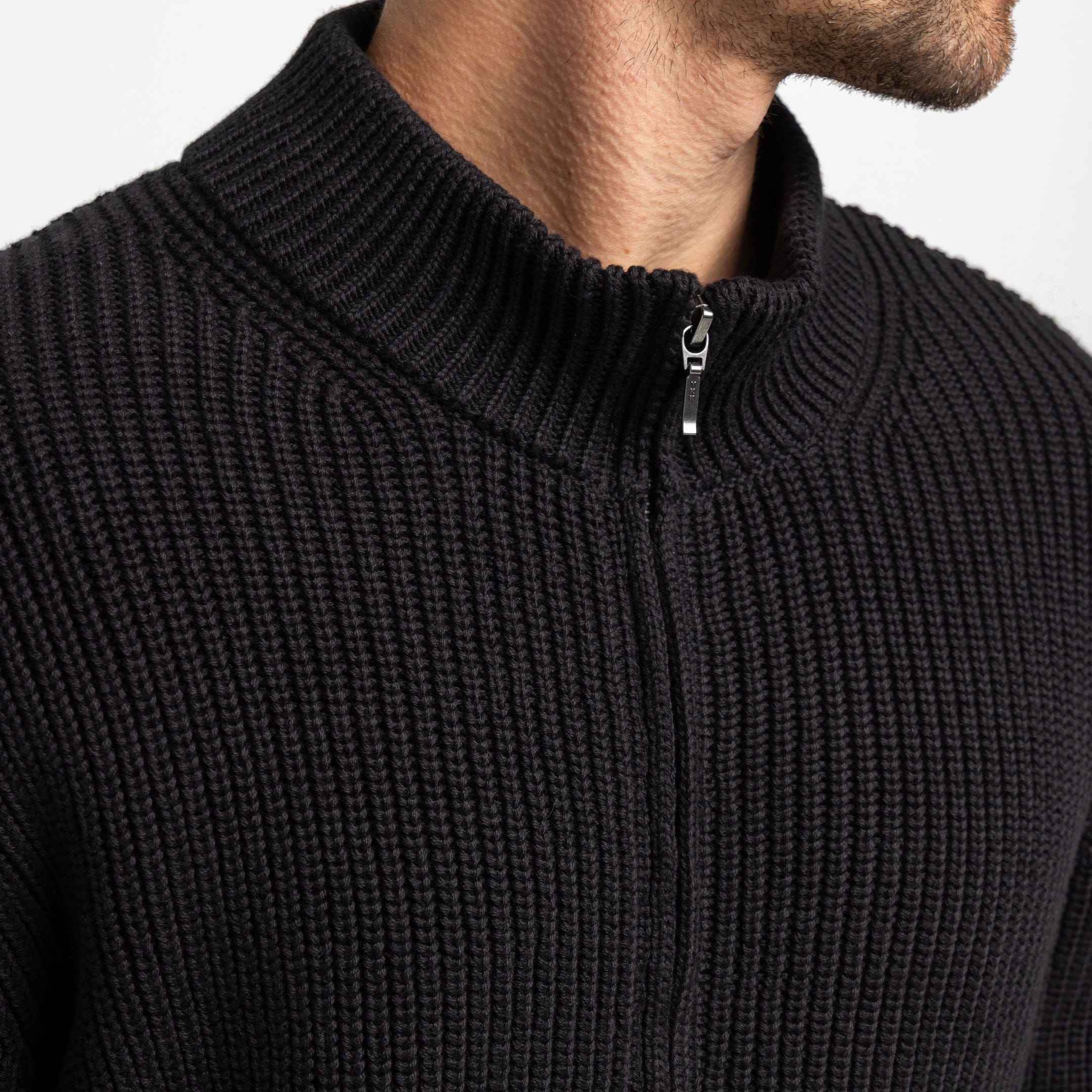Black Waffle Knit Full-Zip Sweater