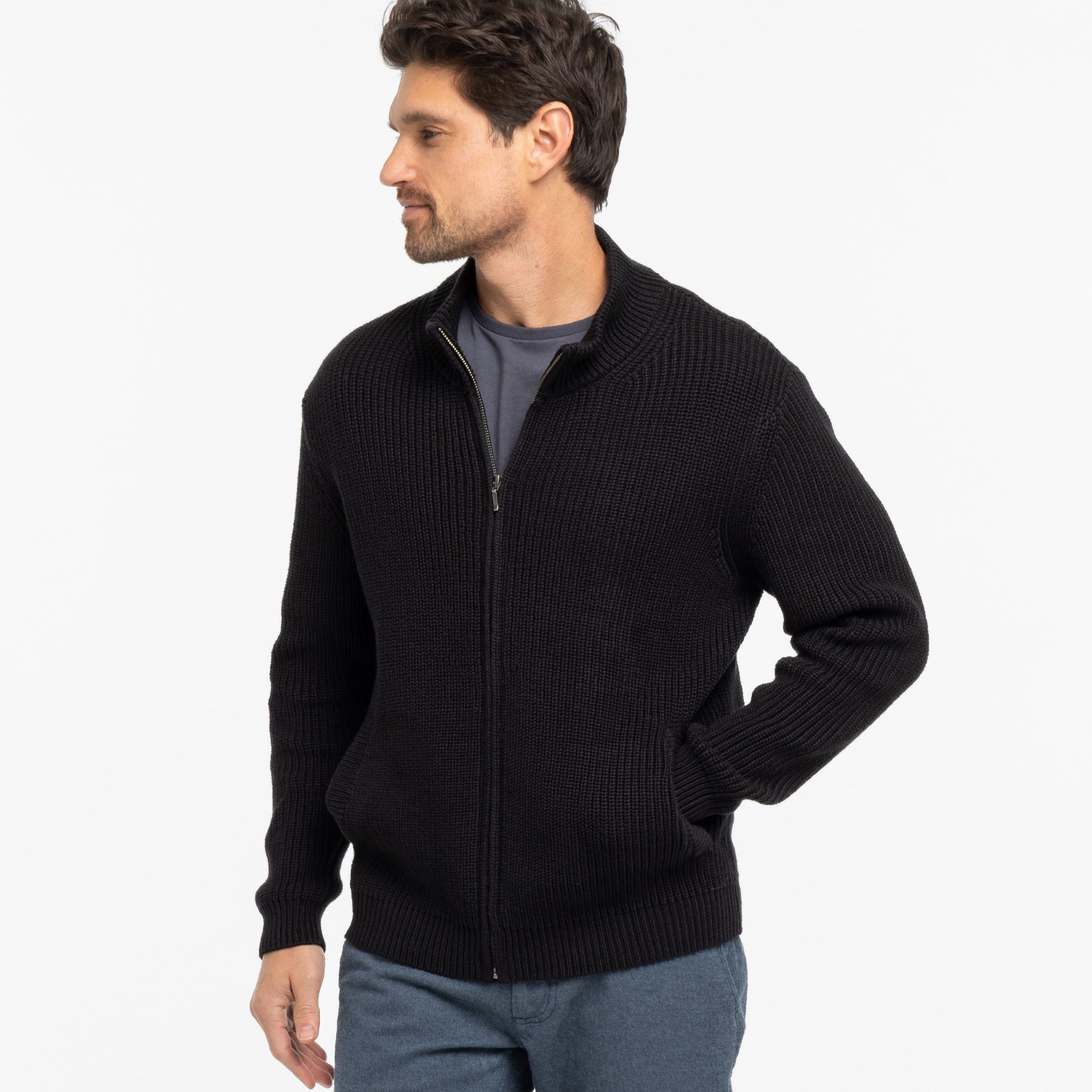 Black Waffle Knit Full-Zip Sweater