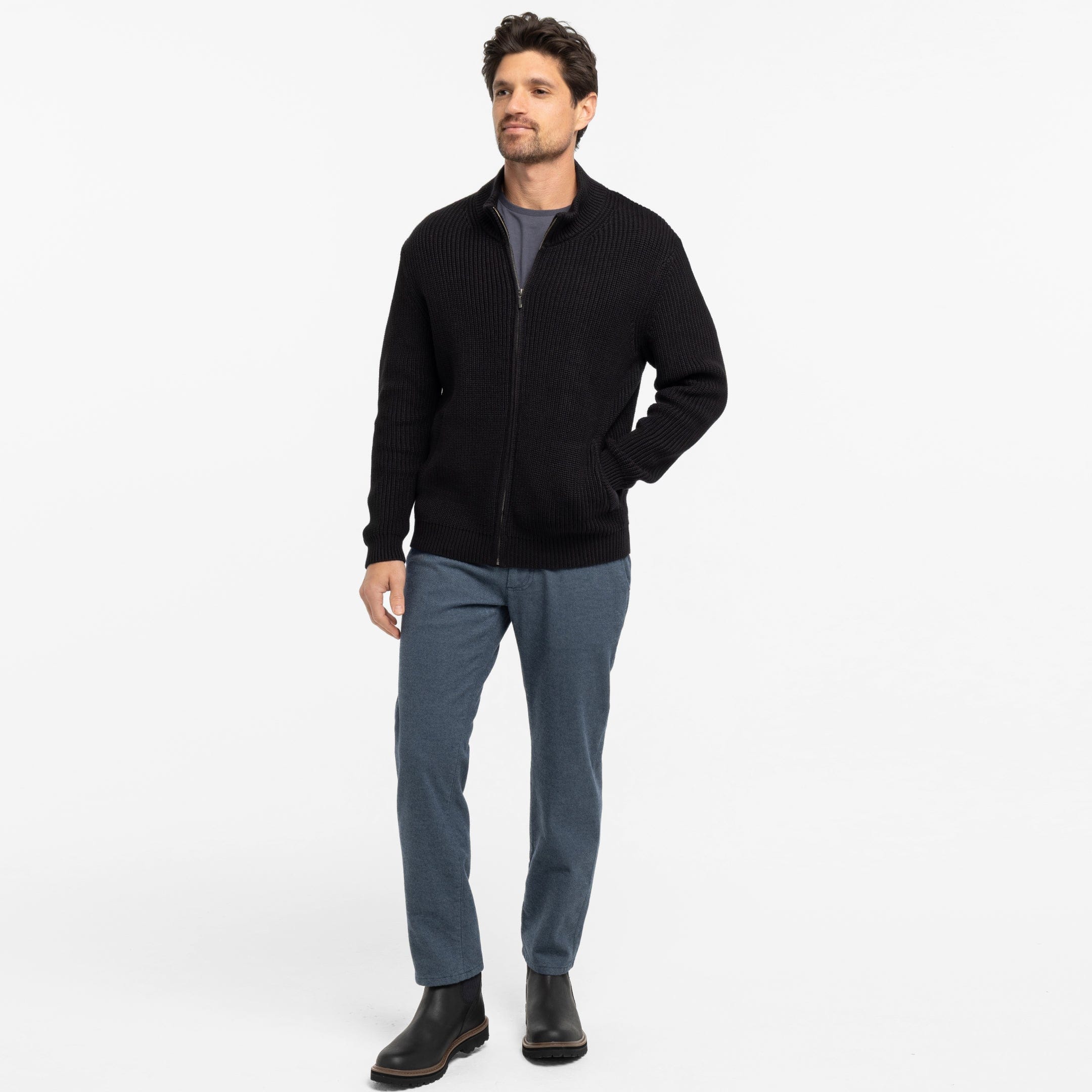 Black Waffle Knit Full-Zip Sweater