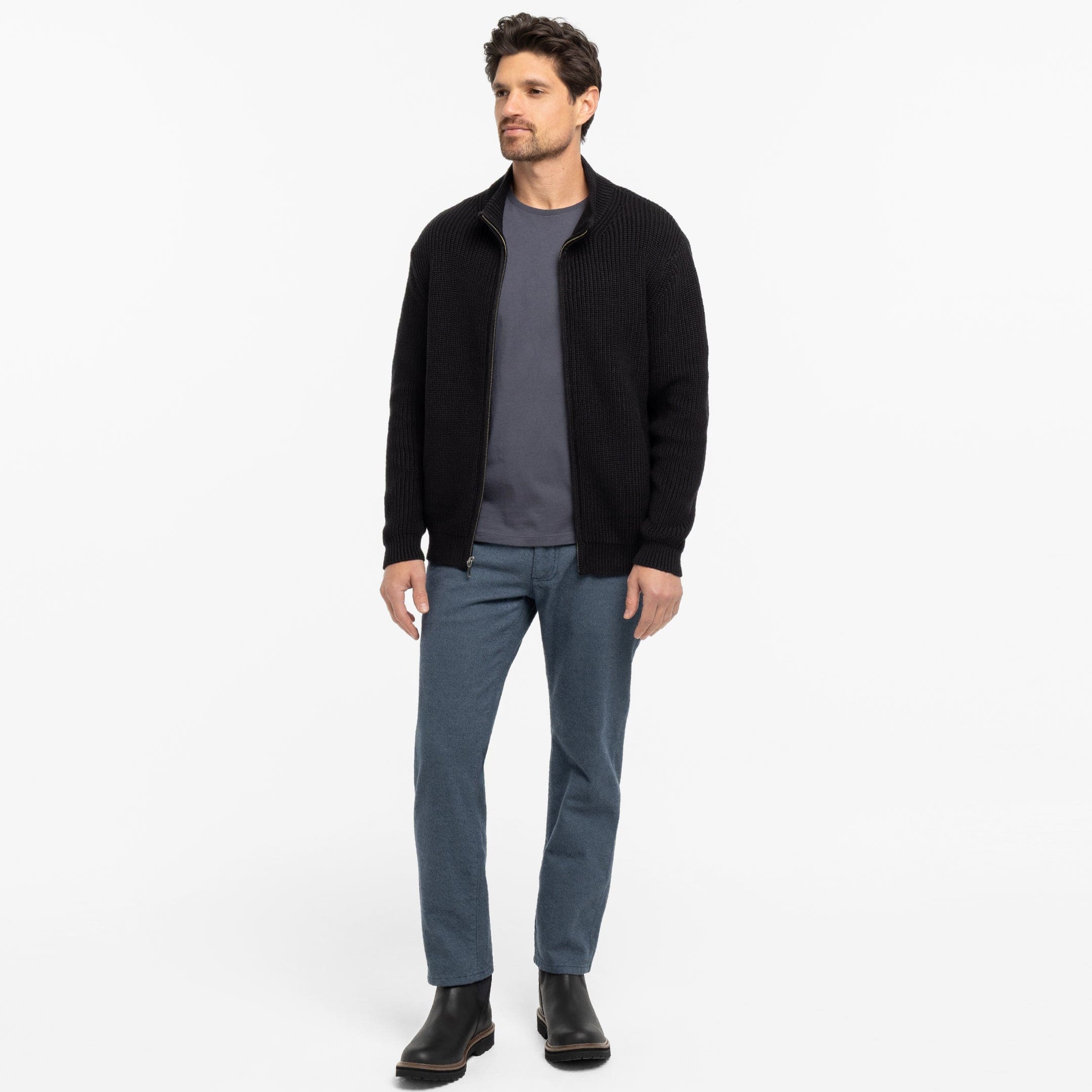 Black Waffle Knit Full-Zip Sweater