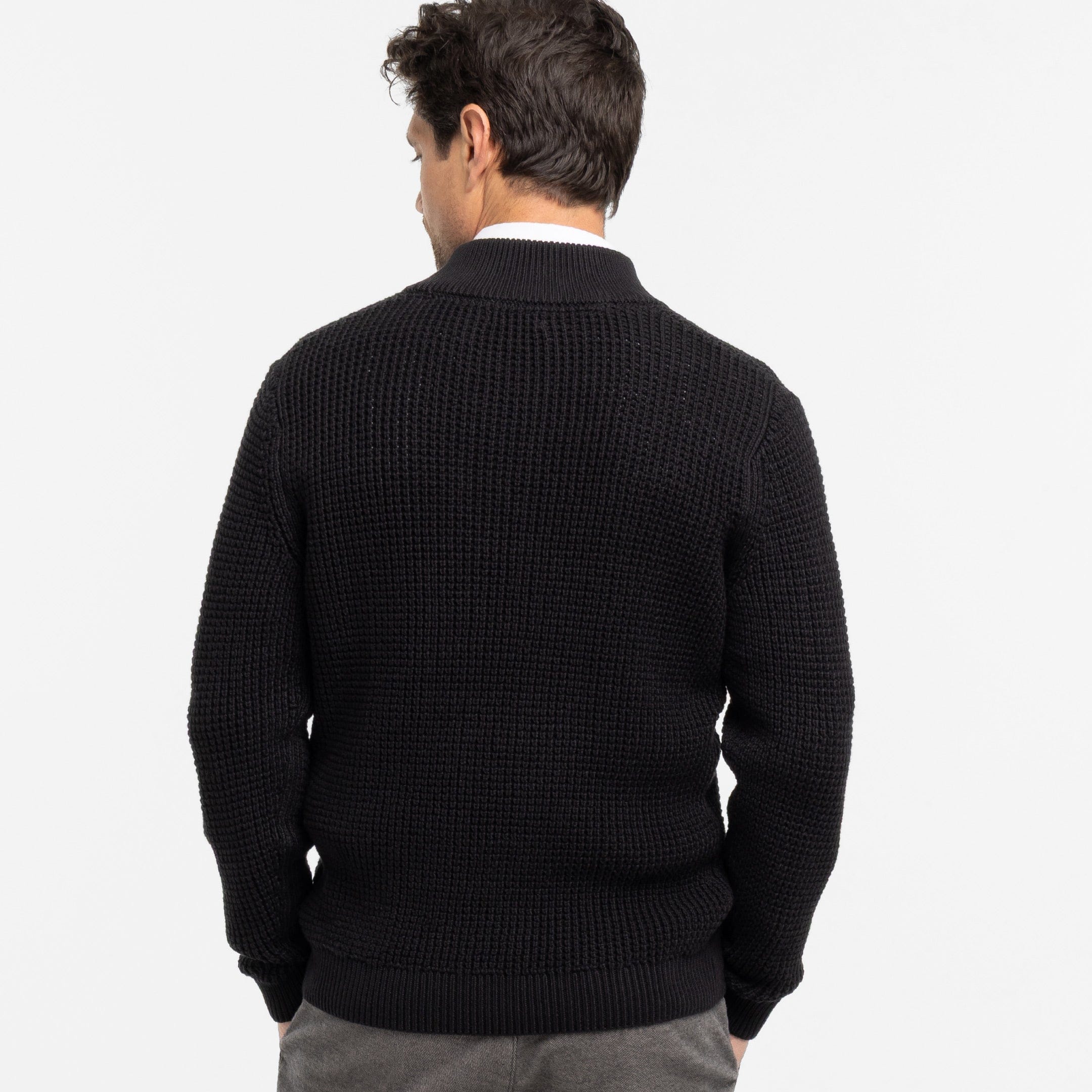 Black Waffle Knit Quarter-Zip Sweater